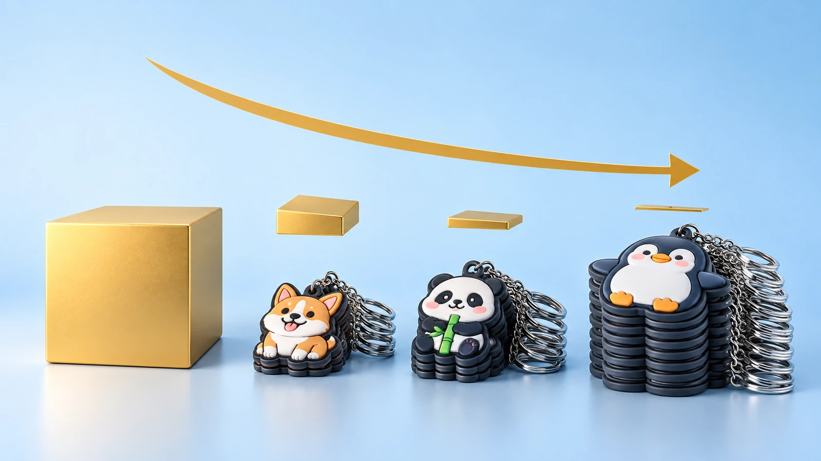 Một khối làm khuôn cố định được chia cho các chồng móc khóa ngày càng lớn, cho thấy phần khuôn trên mỗi chiếc giảm dần khi số lượng tăng