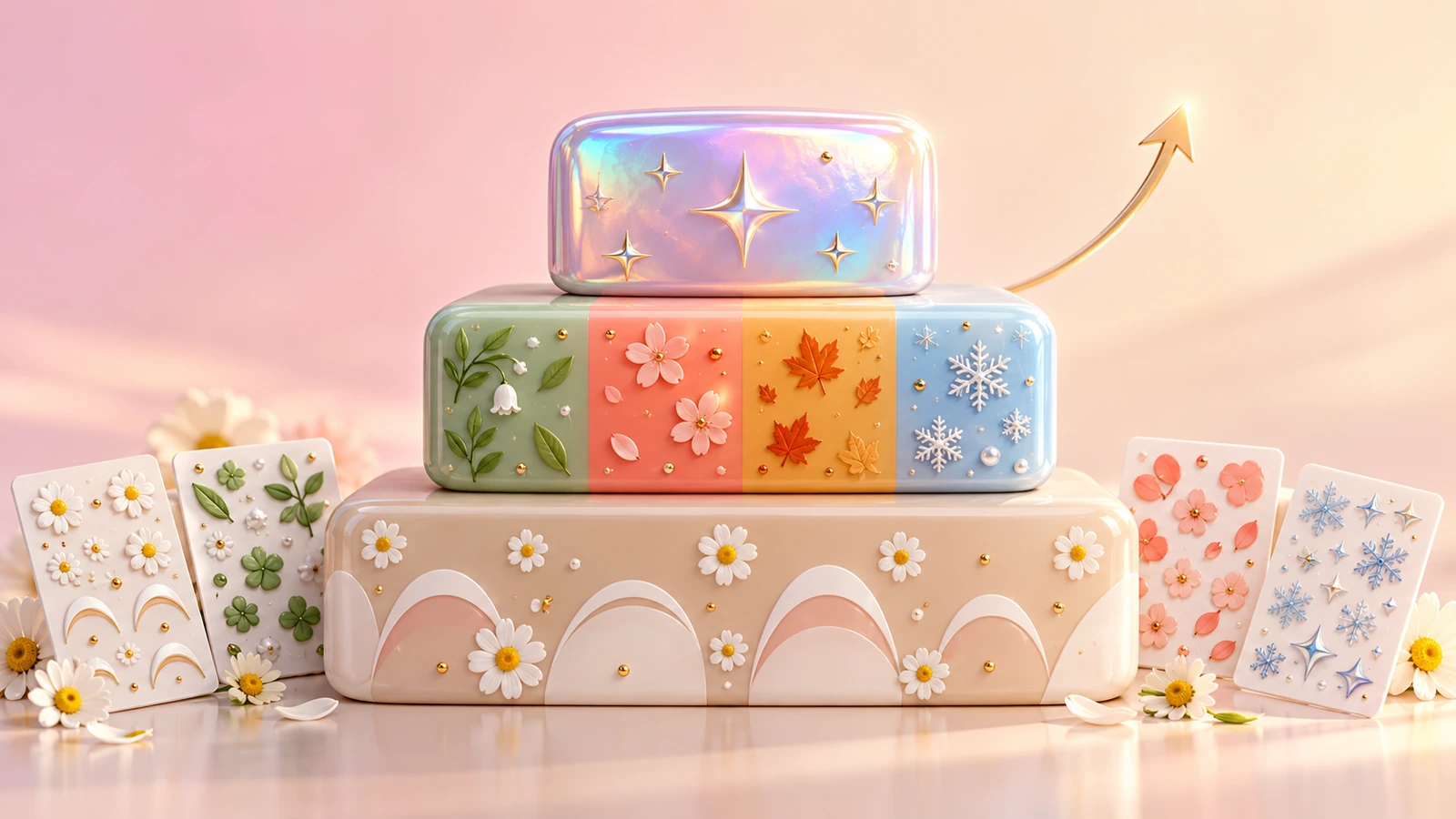 Ba khối màu xếp chồng đại diện cho một bộ sưu tập miếng dán móng: lớp nền rộng màu trung tính cho các thiết kế bán quanh năm, dải giữa là các màu theo mùa, và khối nhỏ màu tươi ở trên cùng cho các đợt phát hành giới hạn