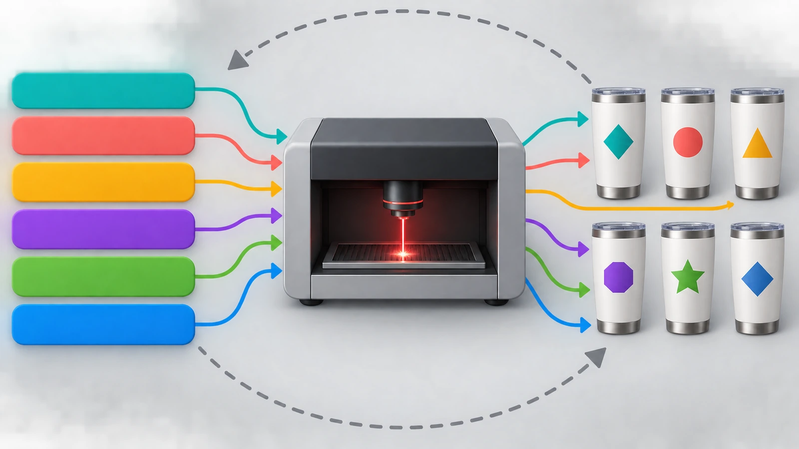 Sơ đồ thể hiện các hàng dữ liệu màu chạy qua mũi tên vào trạm khắc laser và đi ra thành từng ly riêng, mỗi ly khớp với hàng màu riêng của nó