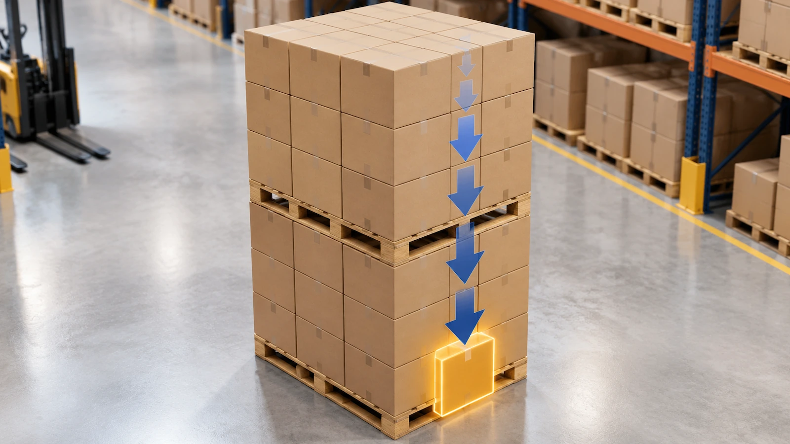 Hai pallet thùng carton sóng xếp chồng lên nhau, các mũi tên hướng xuống đậm dần về phía thùng dưới cùng của pallet dưới, minh họa cách tải trọng đè tích lũy