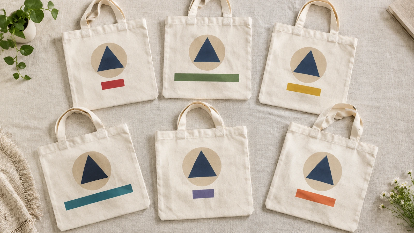 Hàng túi tote cotton tự nhiên có cùng hình logo, mỗi túi có một dải màu khác nhau nơi in tên người nhận
