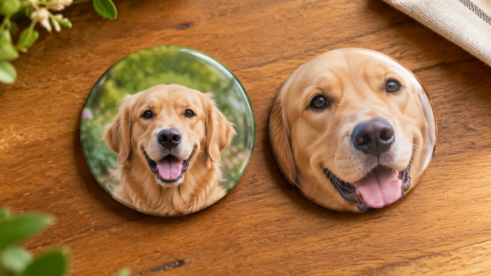 Hai huy hiệu tròn có ảnh chân dung chó golden retriever: một chiếc được căn giữa tốt với nền thoáng quanh đầu, một chiếc bị cắt sát khiến đôi tai cuộn qua mép