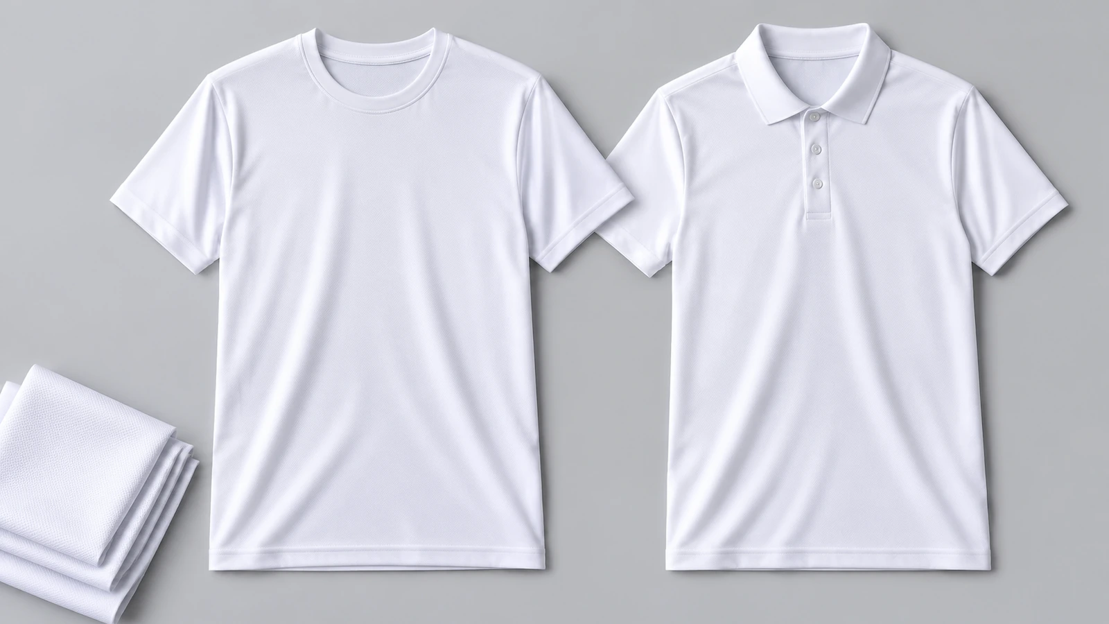 Áo thun polyester unisex màu trắng dùng cho in thăng hoa được đặt phẳng cạnh áo polo hiệu năng màu trắng trên nền xám nhạt