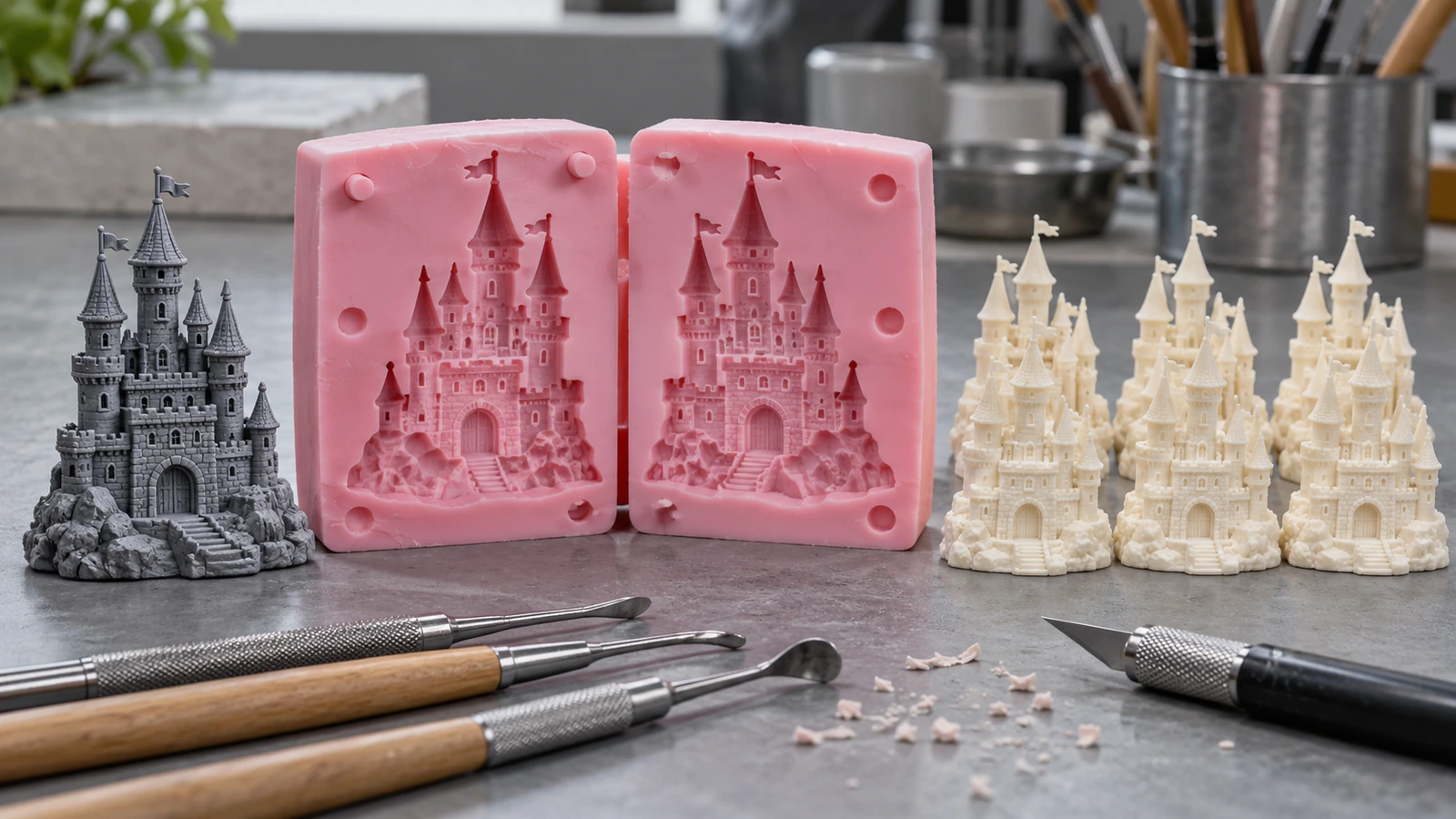 Mẫu điêu khắc gốc đặt cạnh khuôn mềm đang mở và các khối đúc nam châm polyresin thô chưa sơn trên bàn làm việc