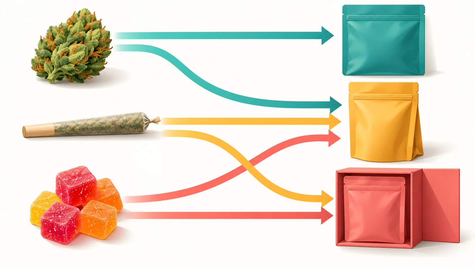 Sơ đồ quyết định dùng các hình khối màu và mũi tên để điều hướng hoa cannabis, pre-roll và sản phẩm ăn được đến định dạng túi phẳng, túi đứng hoặc túi đặt trong hộp