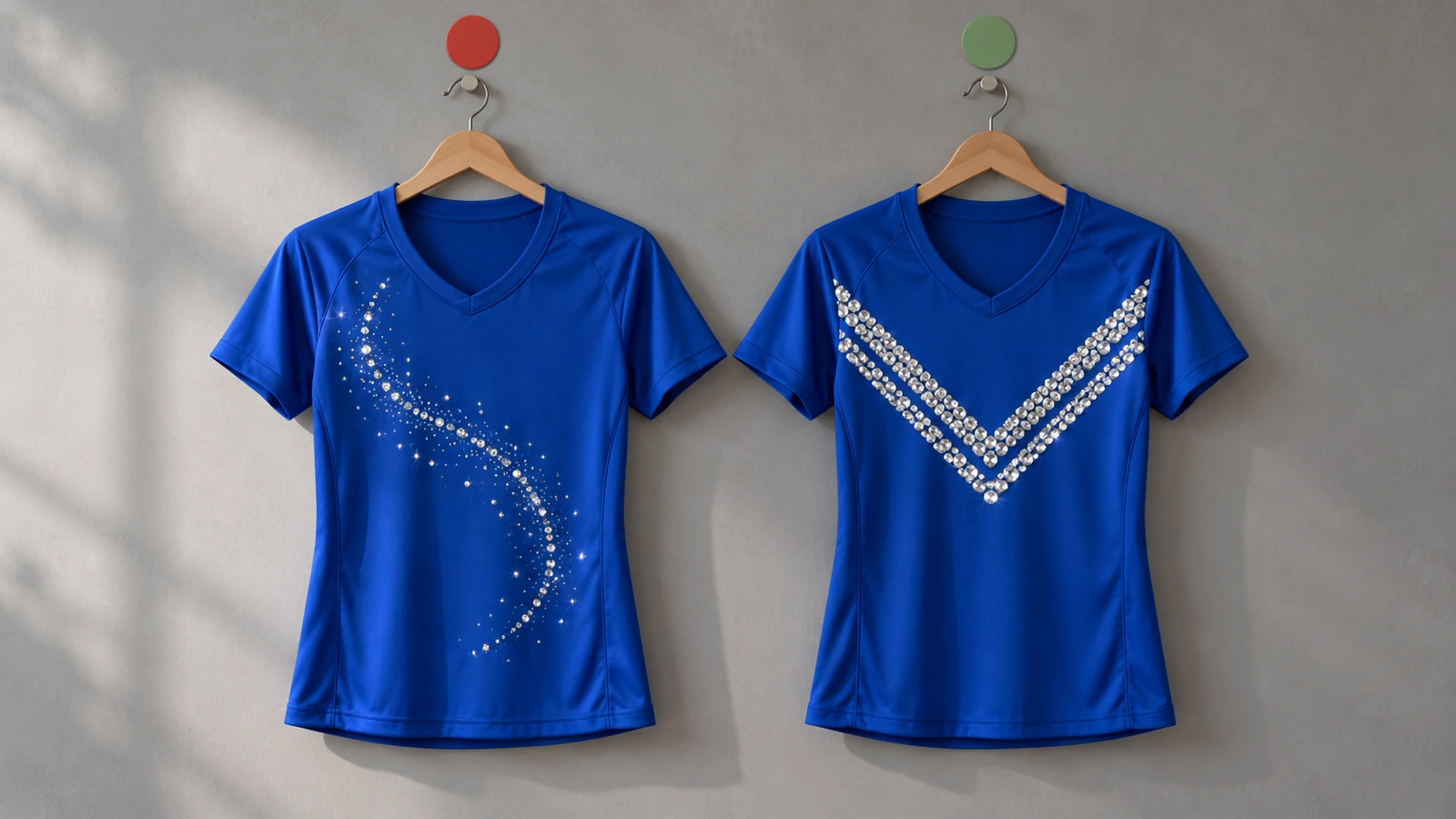 So sánh hai mặt lưng áo thi đấu trống: một họa tiết xoắn rhinestone một hàng mảnh bị nhòe thành đốm lấp lánh rời rạc khi nhìn từ xa, còn các thanh rhinestone hai hàng đậm vẫn sắc nét, cho thấy vì sao độ rộng nét quyết định khả năng đọc