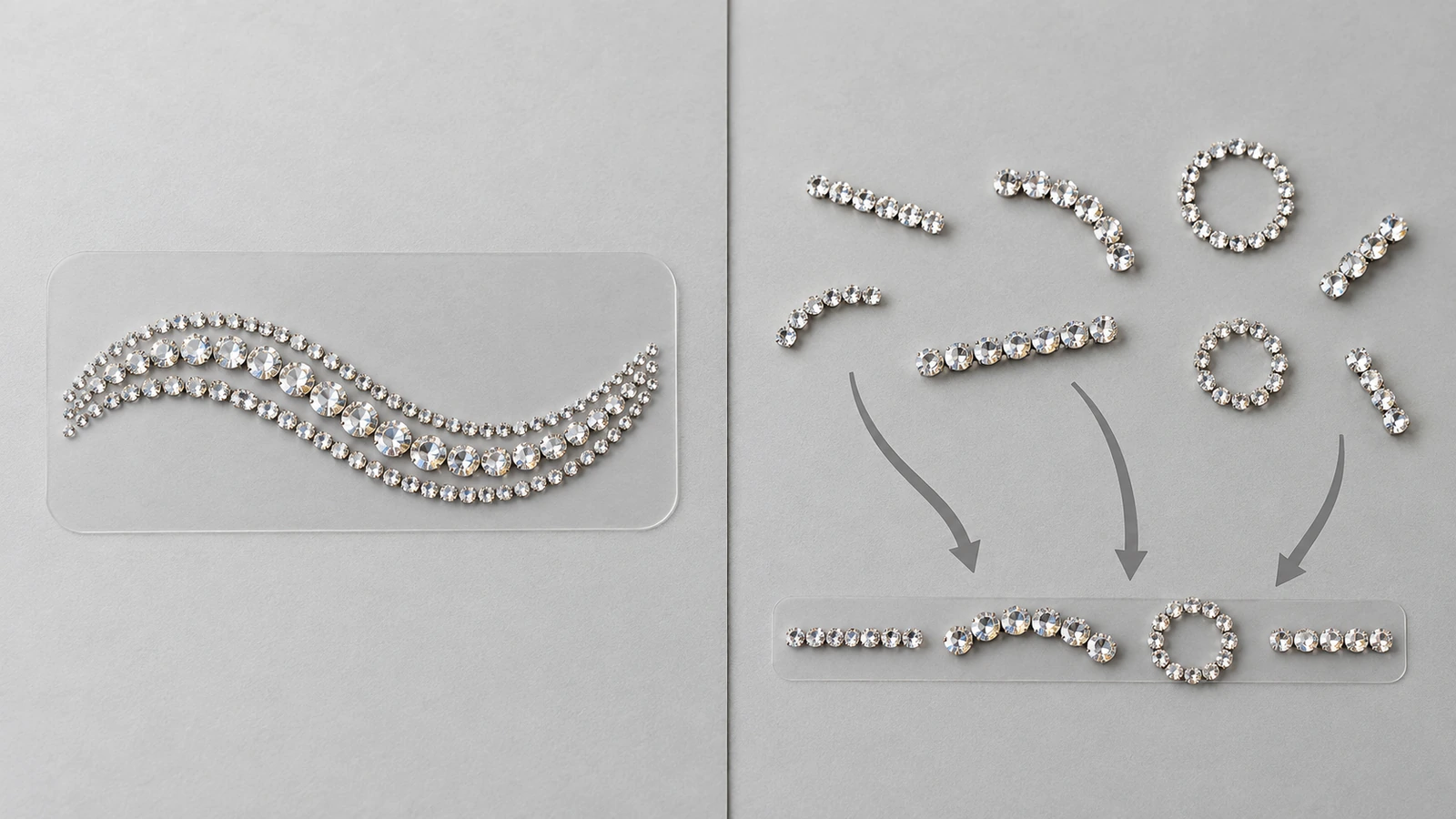 Chế độ xem chia đôi so sánh một tấm nền rhinestone mang một họa tiết hoàn chỉnh với các mảnh rhinestone riêng lẻ đang được mũi tên căn theo một thước dẫn thẳng, đối chiếu tấm tên dựng sẵn với ký tự riêng lẻ