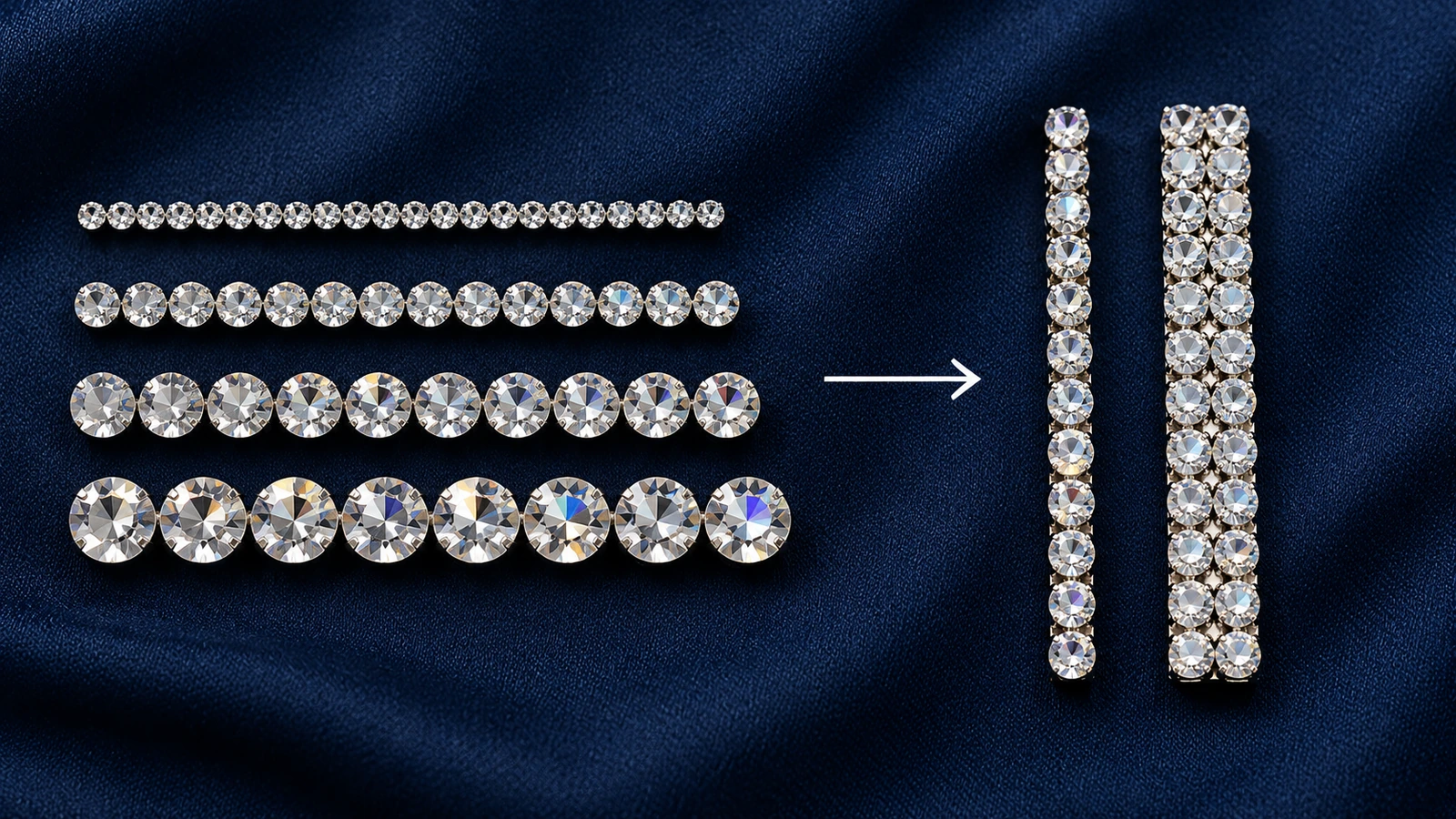 Bốn hàng đá rhinestone trong suốt với đường kính tăng dần trên vải xanh navy, bên cạnh các thanh một hàng và hai hàng cho thấy kích thước viên đá quyết định độ rộng nét của chữ và số