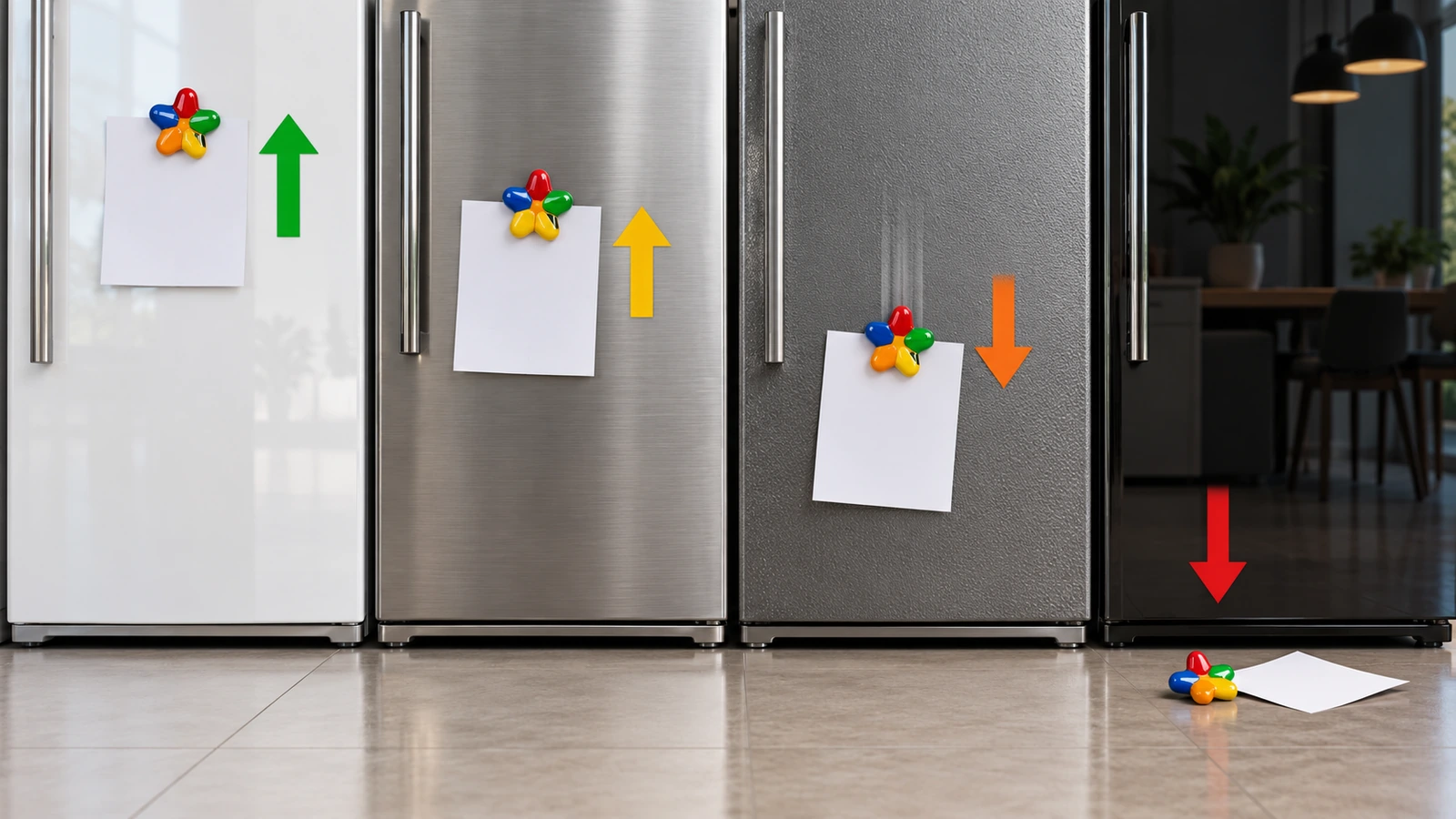 Bốn bề mặt cửa tủ lạnh đặt cạnh nhau: thép sơn, inox xước, bề mặt có vân và tấm kính, với các mũi tên thể hiện lực từ giữ mạnh, một phần, yếu và không có