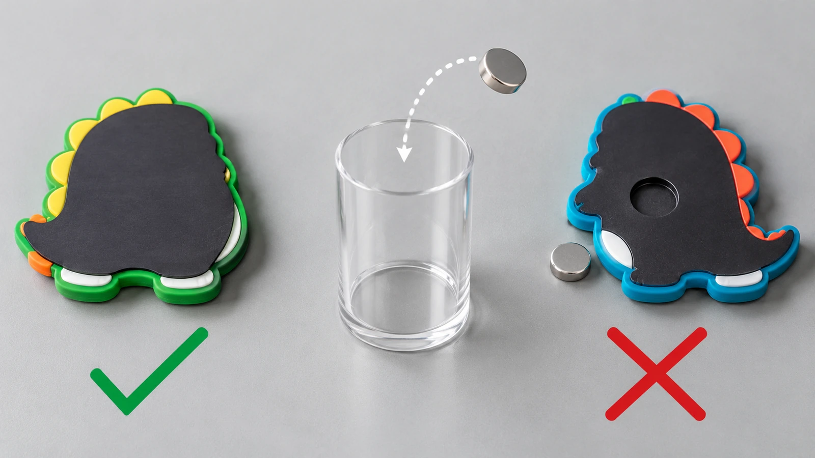 Mặt sau của một nam châm tủ lạnh PVC mềm có dải dẻo liên kết phủ toàn bộ, đặt cạnh một phiên bản có viên nam châm đĩa nhỏ rời, bên cạnh một hình trụ thử bộ phận nhỏ trong suốt