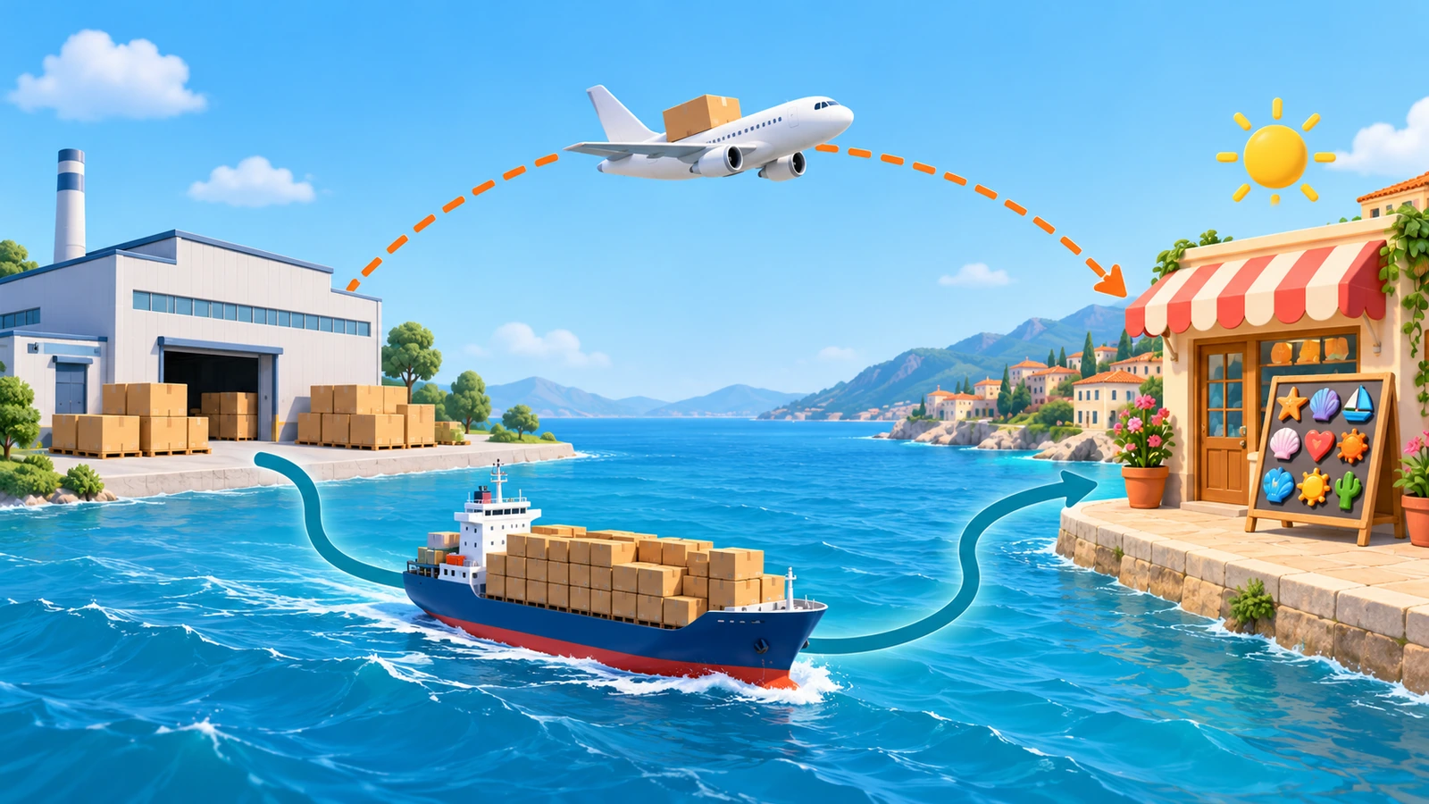 Hai tuyến vận chuyển từ cùng một nhà máy: một gói nhỏ đi máy bay và các thùng lớn hơn đi tàu container cùng hướng tới một điểm đến