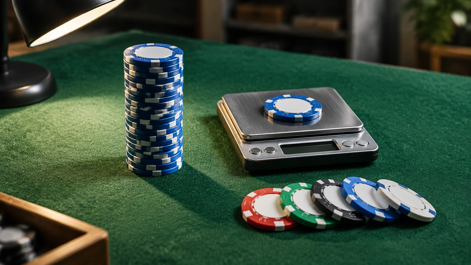 Các mẫu thử chip poker trên bàn kiểm tra phủ nỉ xanh, bên cạnh cân điện tử, một chồng chip thẳng không cần thước đo và một chiếc đèn bàn