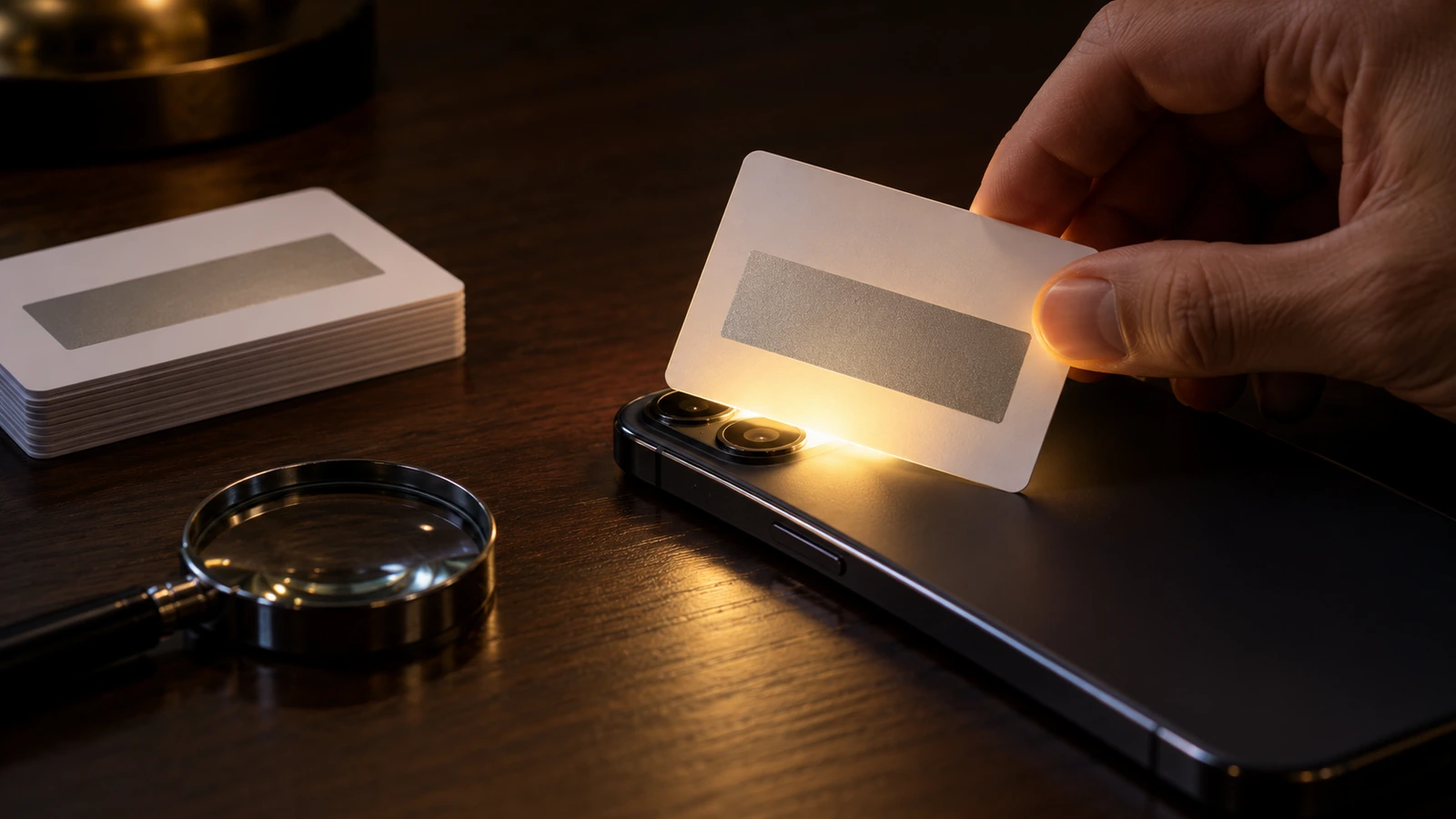 Tay cầm một thẻ cào giơ trước đèn flash điện thoại trong phòng tối để kiểm tra xem mã ẩn có lộ qua lớp bạc của miếng phủ hay không
