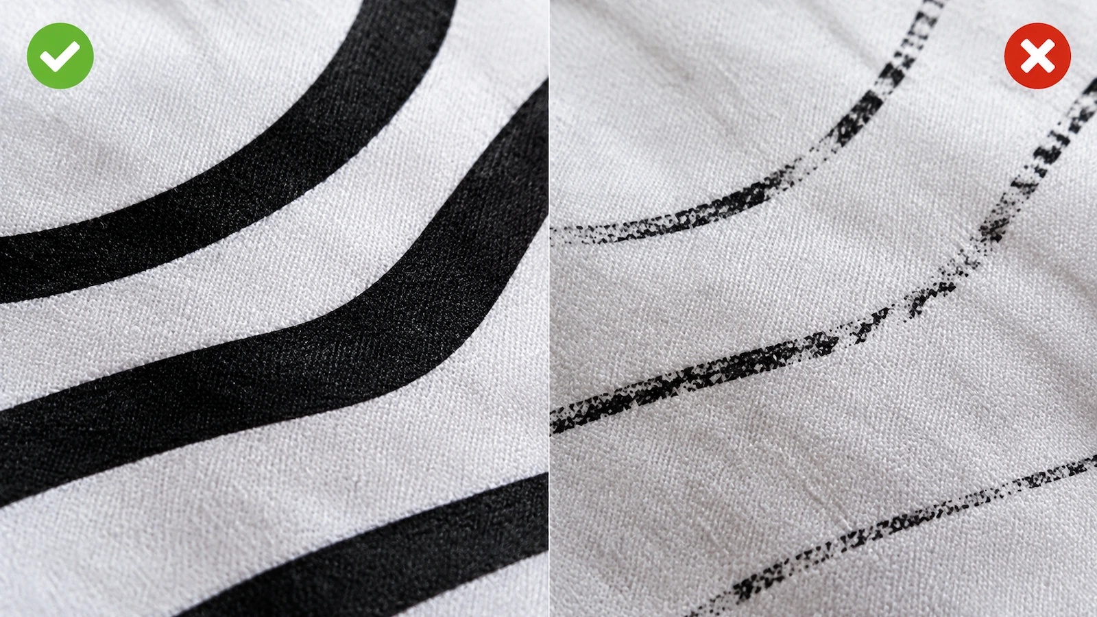 Ảnh cận cảnh so sánh các nét in đậm giữ được cạnh sắc trên vải cotton bên cạnh các nét cực mảnh bị đứt vỡ trên cùng kiểu dệt vải