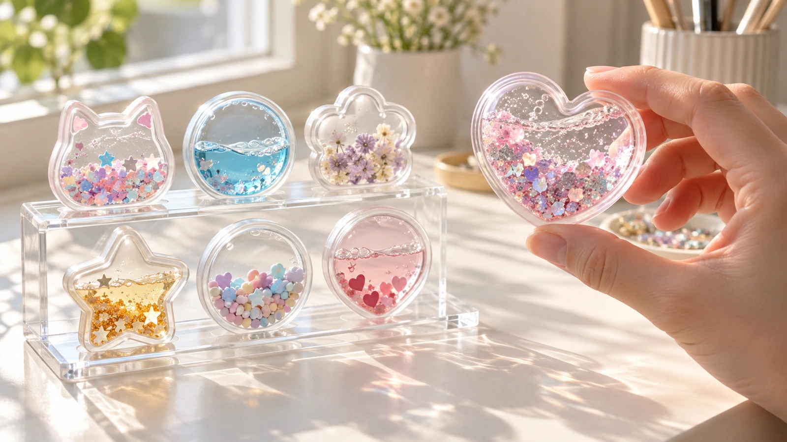 Mẫu nhãn dán lắc đặt thẳng đứng và lộn ngược trên giá acrylic trong suốt gần cửa sổ có nắng, với một bàn tay nhẹ nhàng lắc một mẫu