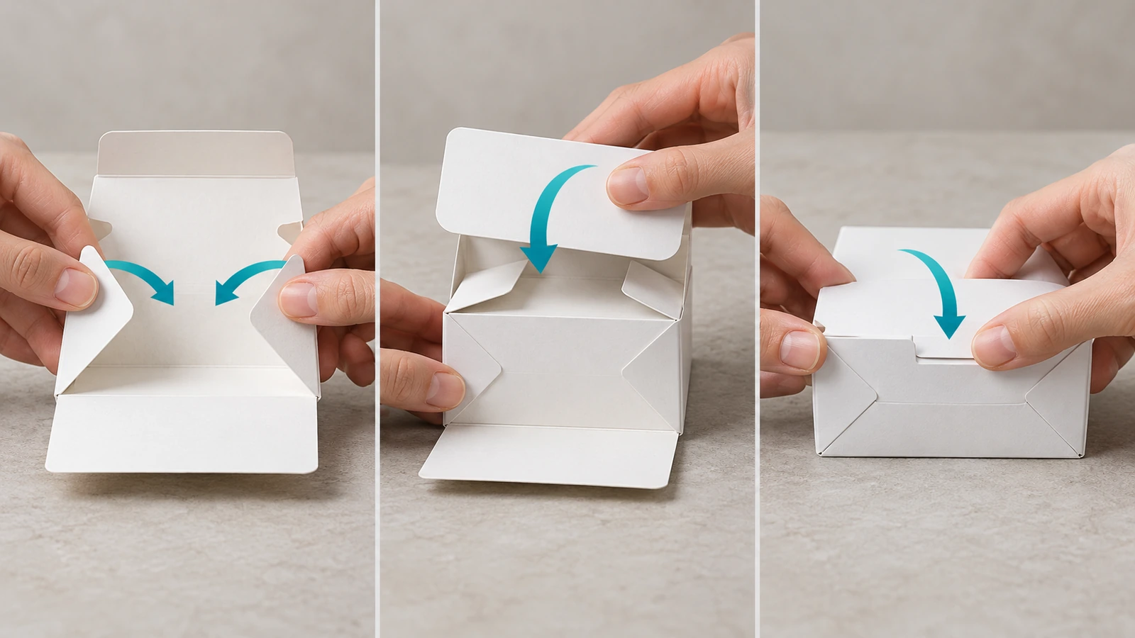 Trình tự ba giai đoạn tay gấp đáy khóa gài 1-2-3: cánh bên, cánh sau, rồi cài lưỡi gài của cánh trước