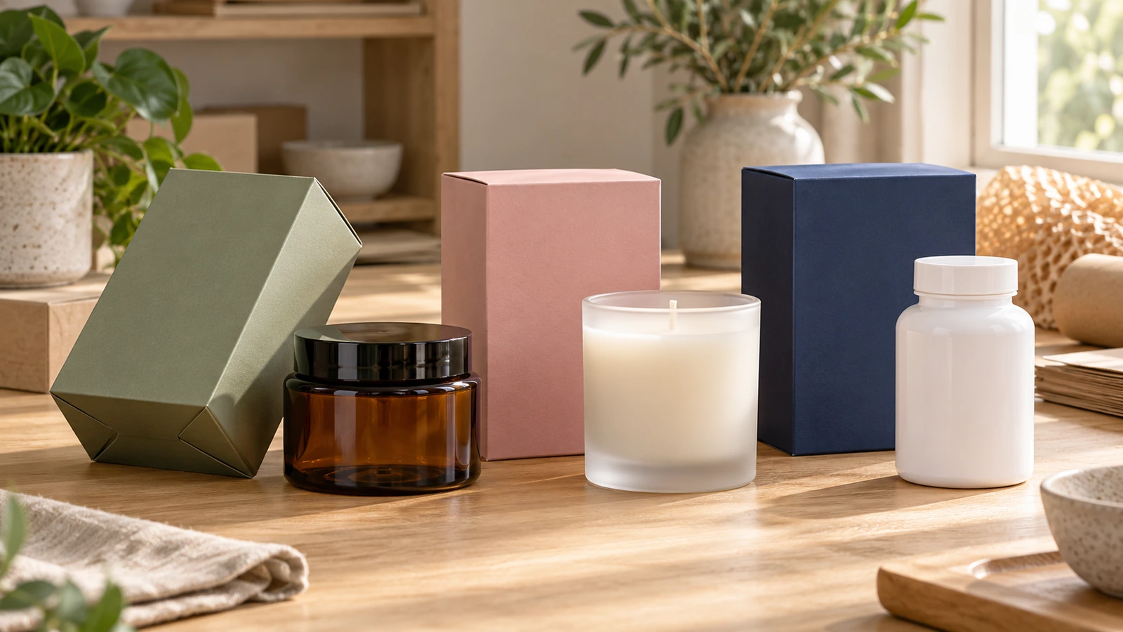 Các hộp giấy đáy khóa đã in đặt cạnh một hũ thủy tinh, một ly nến và một chai thực phẩm bổ sung, minh họa các sản phẩm phù hợp với đáy khóa gài