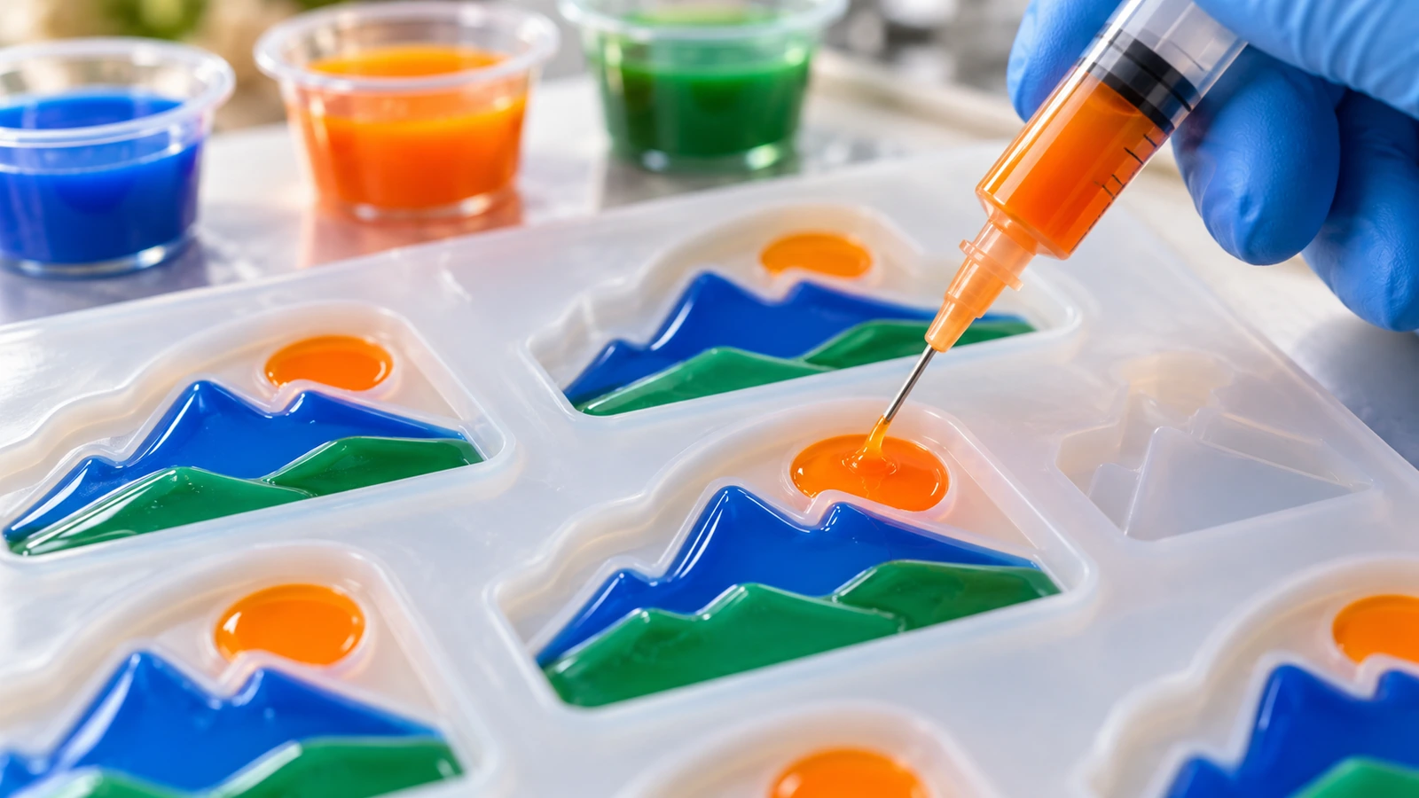 PVC mềm dạng lỏng được đổ từng màu vào khuôn silicone cho một nam châm lưu niệm 3D