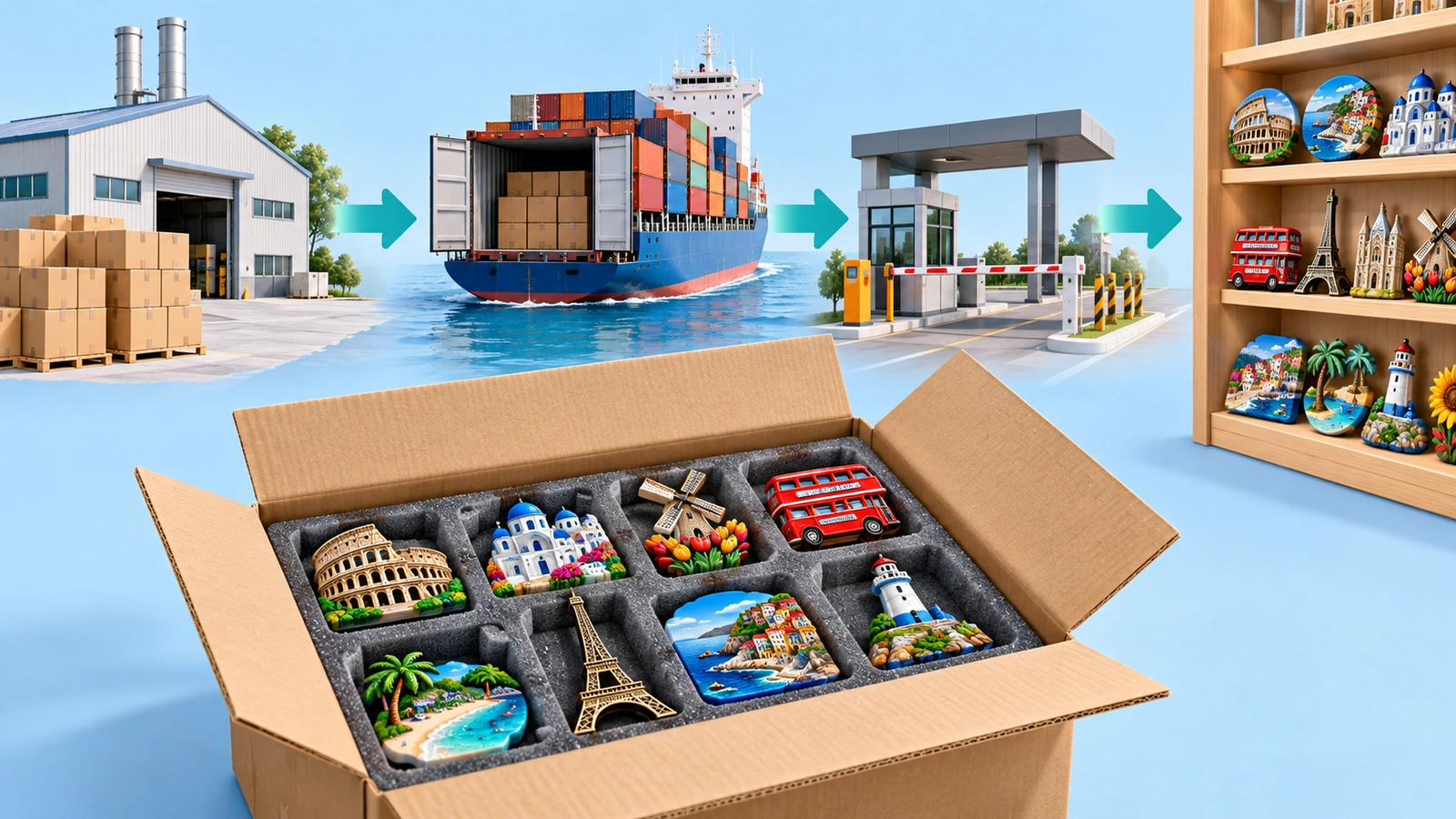 Các thùng carton đựng nam châm lưu niệm được chuyển từ nhà máy đến container hàng hóa rồi đến kệ bán lẻ, kèm mũi tên chỉ hướng