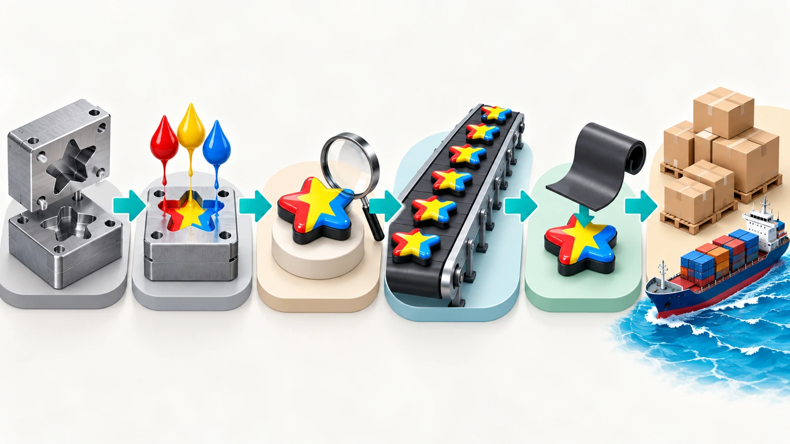 Sáu công đoạn sản xuất nam châm PVC mềm đúc khuôn, hiển thị dưới dạng các biểu tượng nối với nhau từ khối khuôn đến tàu chở hàng