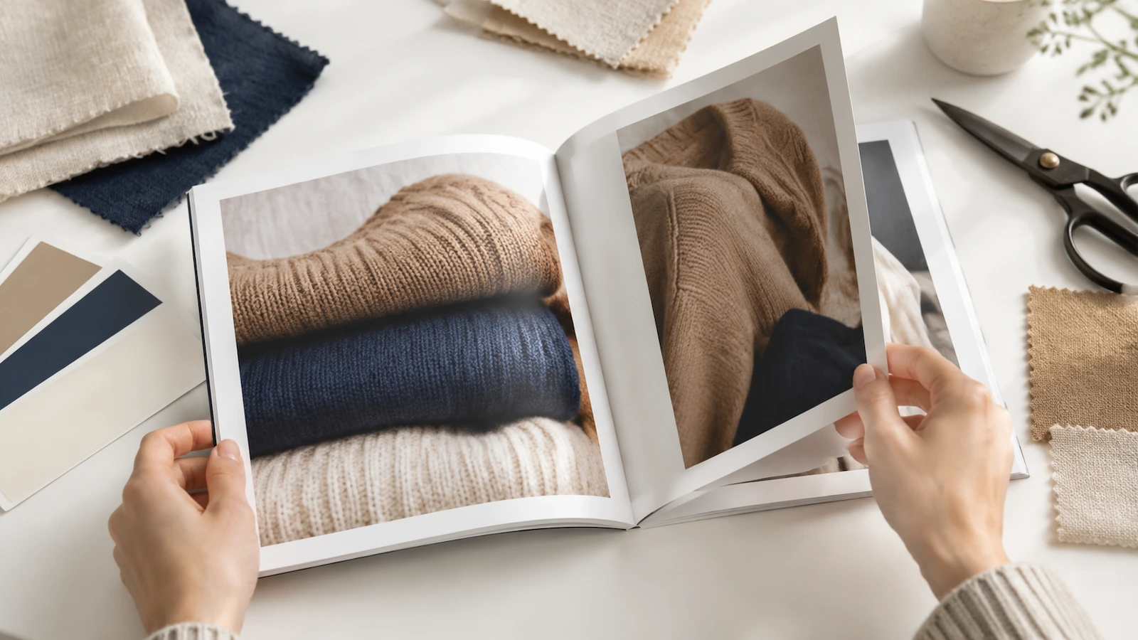 Đôi tay lật các trang của một lookbook thời trang khổ vuông trên bàn có mẫu vải và bảng mẫu màu