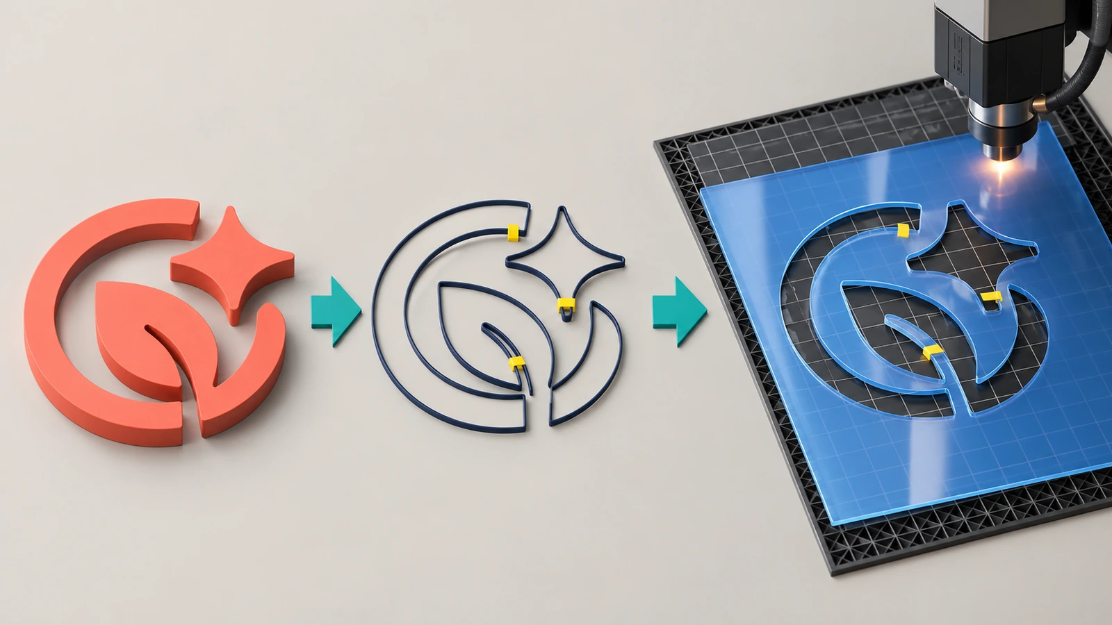 Quy trình từ hình logo trừu tượng đến đường viền vector với các cầu nối được tô sáng và tấm stencil cắt hoàn chỉnh màu trong mờ