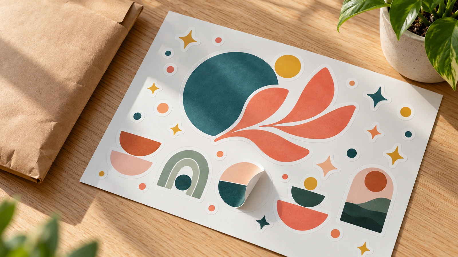 Tờ sticker cắt hờ thành phẩm trên bàn làm việc, với một hình chủ lực lớn, một tầng biểu tượng ở giữa và các hình đệm nhỏ trong bố cục cân đối