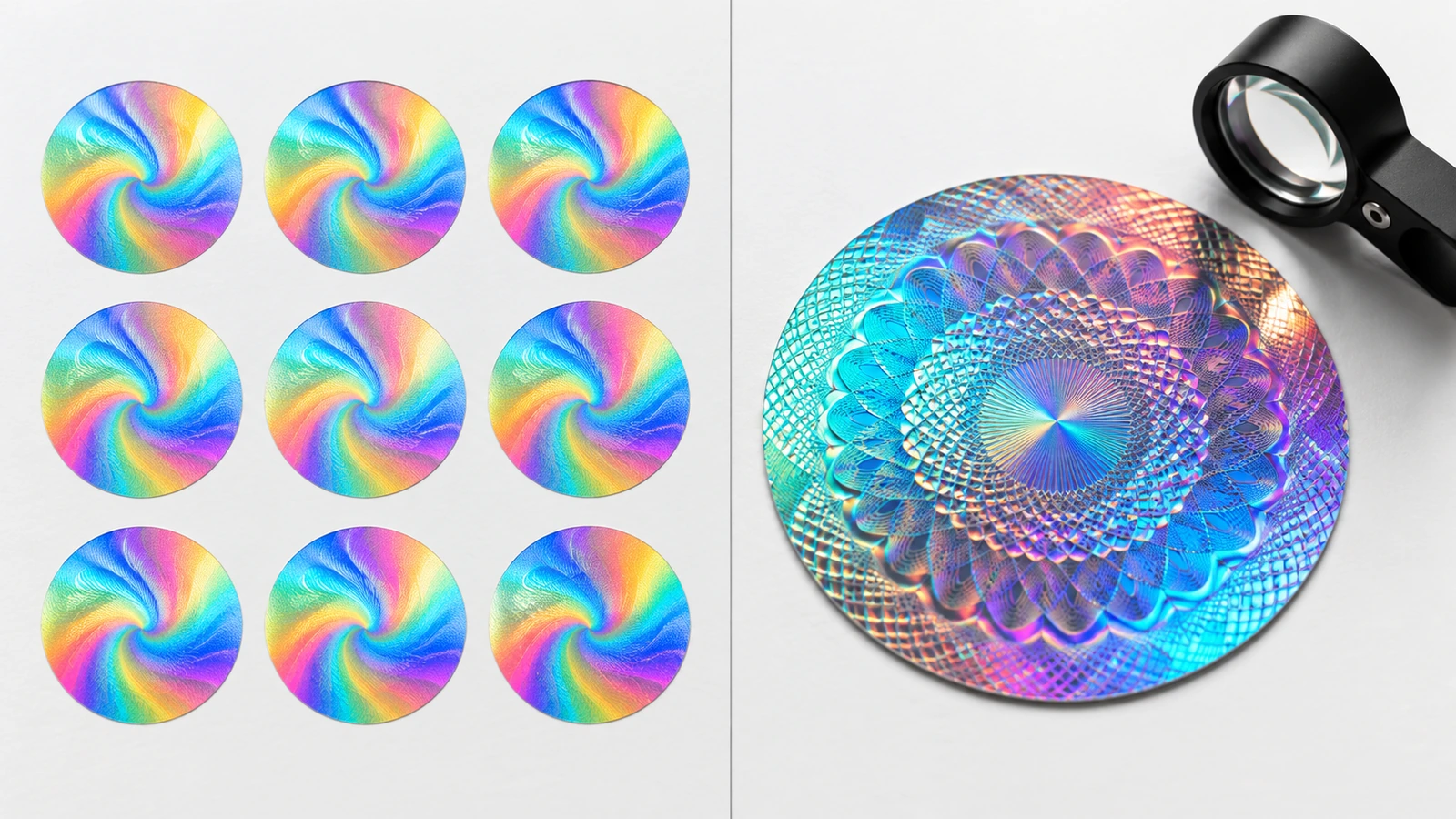 So sánh song song giữa các tem hologram cầu vồng chung giống hệt nhau và một hologram bảo mật tạo bản gốc riêng với họa tiết quang học độc nhất