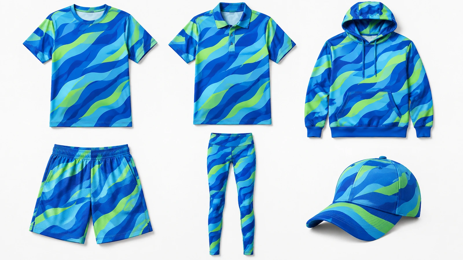 Bộ trang phục in thăng hoa đồng bộ trải phẳng: áo đấu, áo polo, áo hoodie, quần short, quần legging và mũ lưỡi trai cùng chia sẻ một họa tiết màu trừu tượng