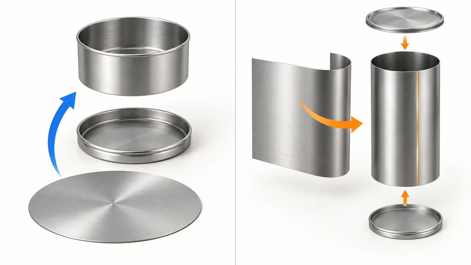 Hình phân rã so sánh hộp thiếc 2 mảnh liền khối dập vuốt với hộp thiếc 3 mảnh gồm thân cuộn, mối ghép bên và hai đầu hộp riêng biệt