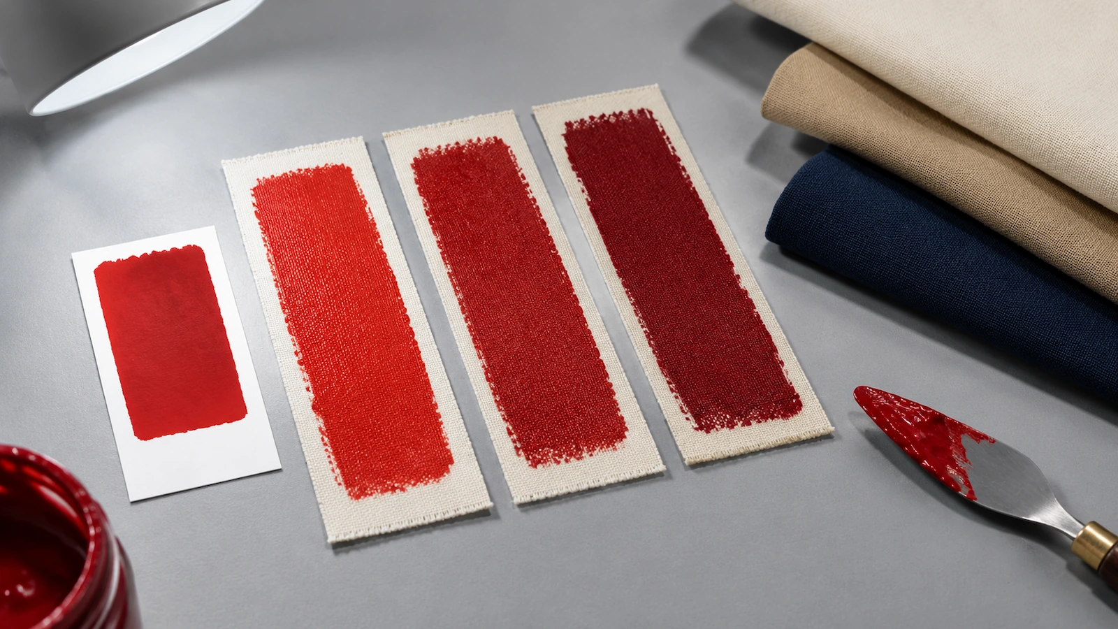 Các mẫu kéo mực trên dải vải canvas đặt cạnh vải túi tote có màu dưới đèn ánh sáng ban ngày trung tính để đối màu