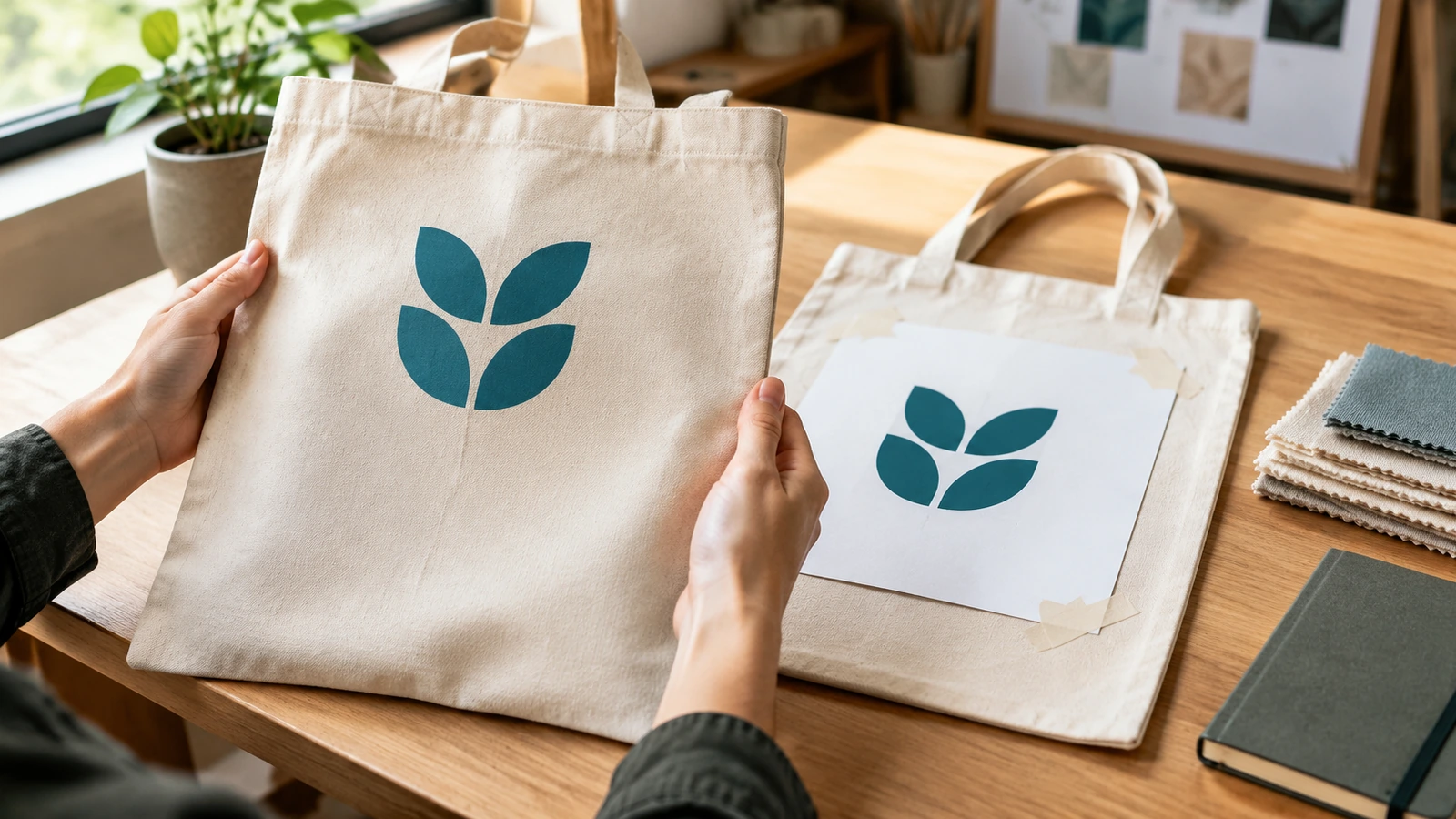 Đôi tay cầm một chiếc túi tote mẫu đã in bên cạnh bản phối thiết kế trên giấy đặt trên bàn làm việc, so sánh vị trí in và màu dưới ánh sáng ban ngày