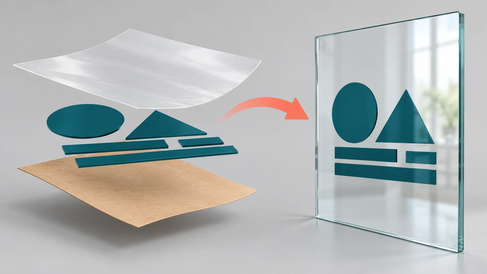Sơ đồ phân rã của decal chuyển, thể hiện lớp giấy lót, các hình vinyl cắt rời và băng dán chuyển, với mũi tên chỉ việc chuyển các hình lên tấm kính