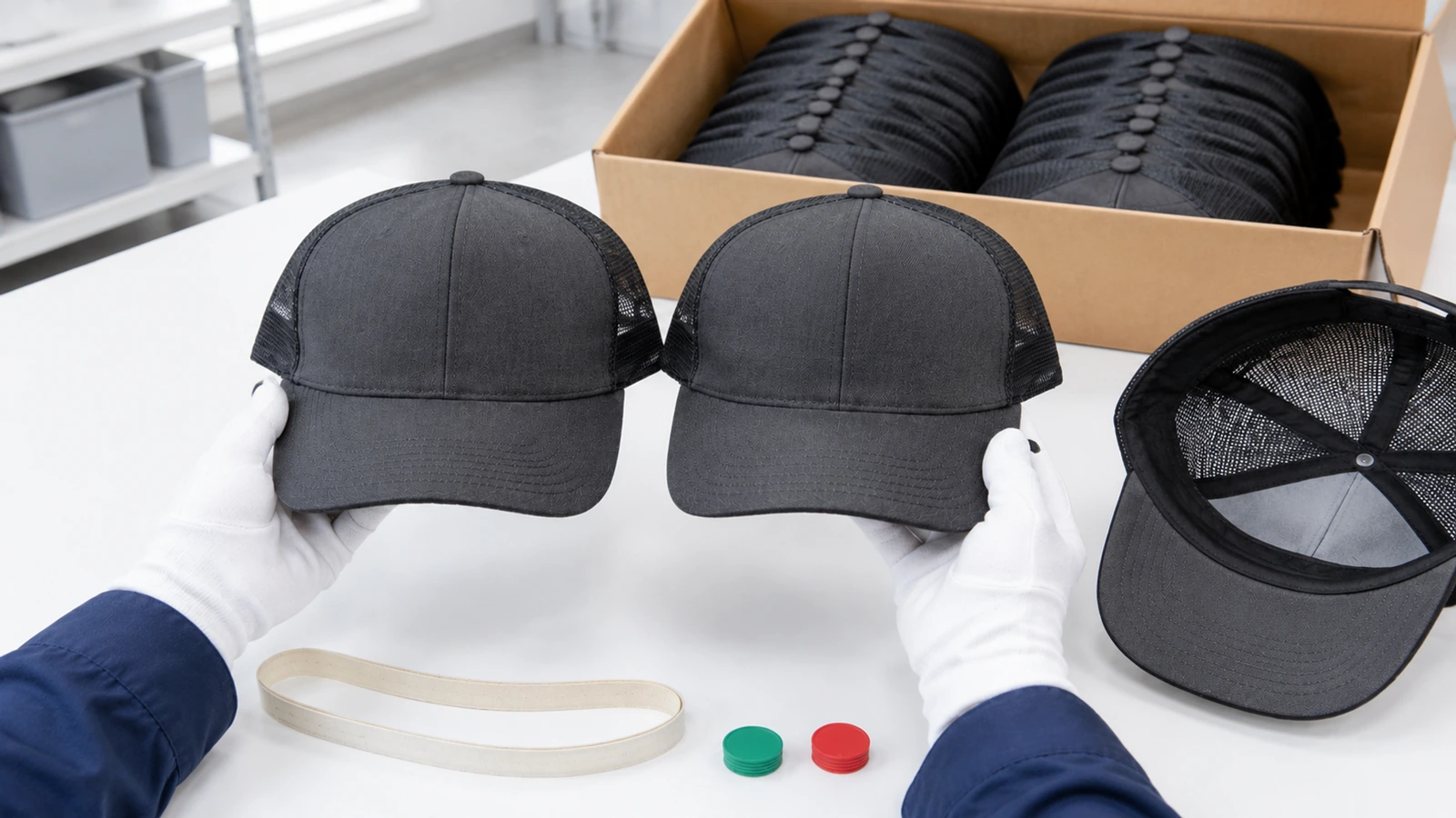 Nhân viên kiểm tra so sánh một chiếc mũ trucker từ lô hàng loạt với mẫu chuẩn được niêm phong trên bàn kiểm tra có ánh sáng ban ngày