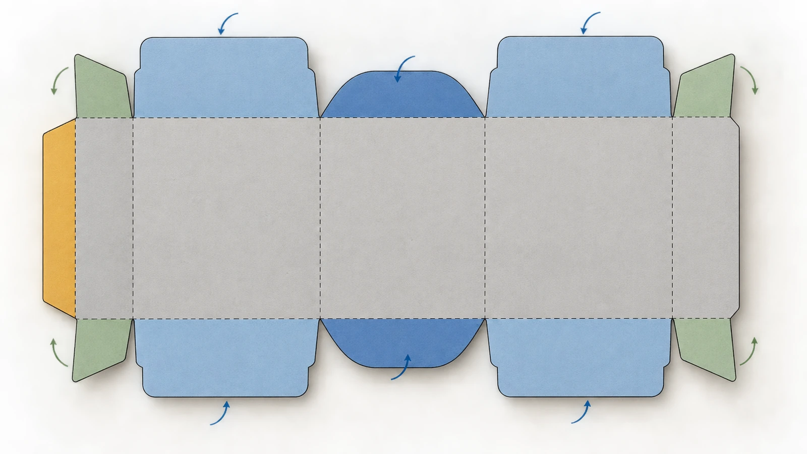 Tấm phôi hộp nắp gài bế khuôn dạng phẳng thể hiện bốn mặt chính, một tai dán, các mặt đóng trên và dưới cùng lưỡi gài, và các nắp chắn bụi ở hai bên, với mũi tên chỉ hướng gấp