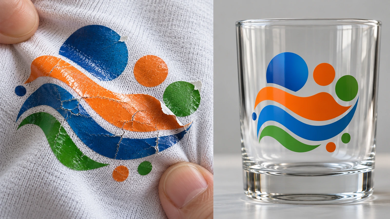 Decal UV DTF cứng bị nứt và bong trên vải áo thun cotton bị kéo giãn, bên cạnh một decal UV DTF còn nguyên vẹn trên chiếc ly thủy tinh nhẵn