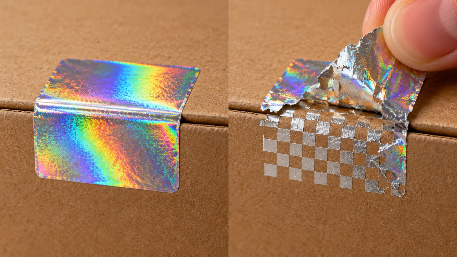 Ảnh trước và sau của con tem hologram bạc trên thùng carton: nhãn còn nguyên ở bên trái, nhãn đã bóc để lại họa tiết ô bàn cờ ở bên phải