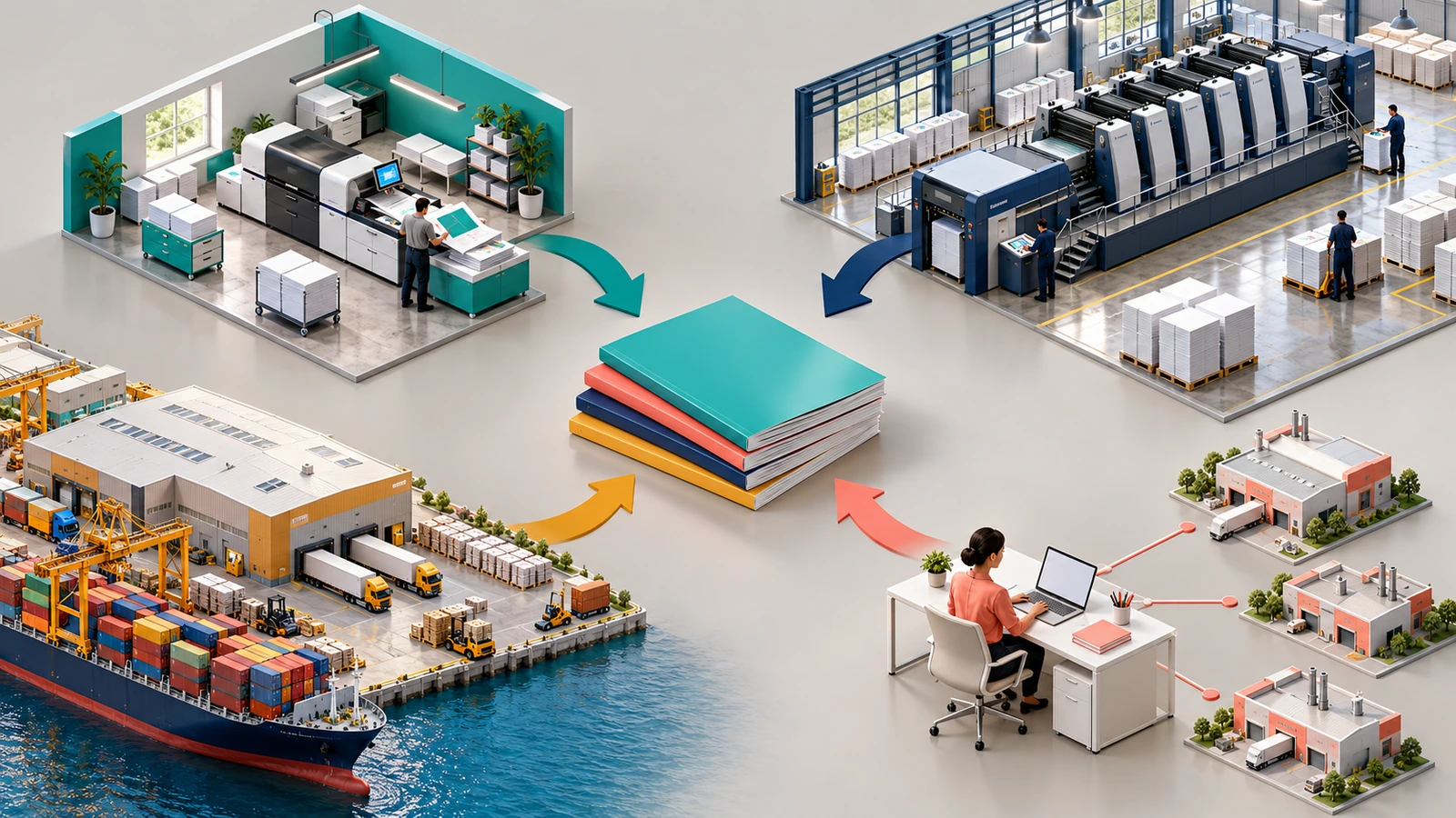 Bốn loại đối tác in tạp chí, gồm một xưởng in nhỏ gọn, một nhà xưởng máy in offset lớn, một nhà máy có container vận chuyển và một đầu mối điều phối ở trung tâm, tất cả được nối bằng các mũi tên tới một chồng tạp chí thành phẩm