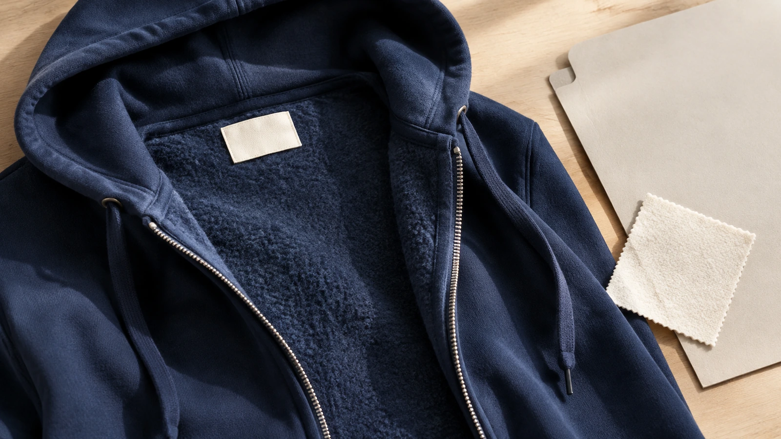 Cận cảnh phần cổ bên trong của hoodie khóa kéo toàn thân bằng vải nỉ, cho thấy nhãn vải may sẵn và lớp lót chải bị lộ dọc theo khóa kéo đang mở, minh họa các bước kiểm tra khả năng bắt cháy và ghi nhãn