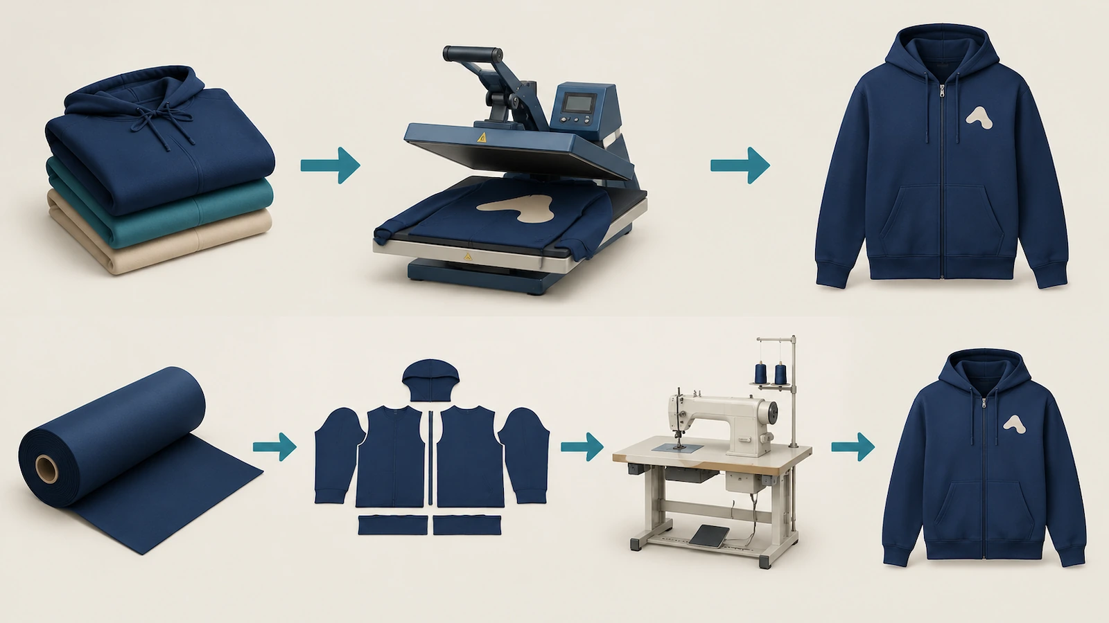 Hai lộ trình sản xuất áo hoodie tùy chỉnh: áo hoodie phôi tồn kho đã gấp đi thẳng đến trạm trang trí, so với cuộn vải được cắt thành các mảnh phẳng và may thành áo hoodie khóa kéo toàn thân