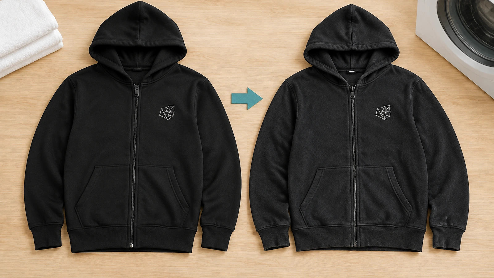 Mẫu hoodie tiền sản xuất được thể hiện trước và sau khi thử giặt, với phần trang trí ngực trái vẫn phẳng và nguyên vẹn, còn nẹp khóa kéo được kiểm tra độ gợn sóng