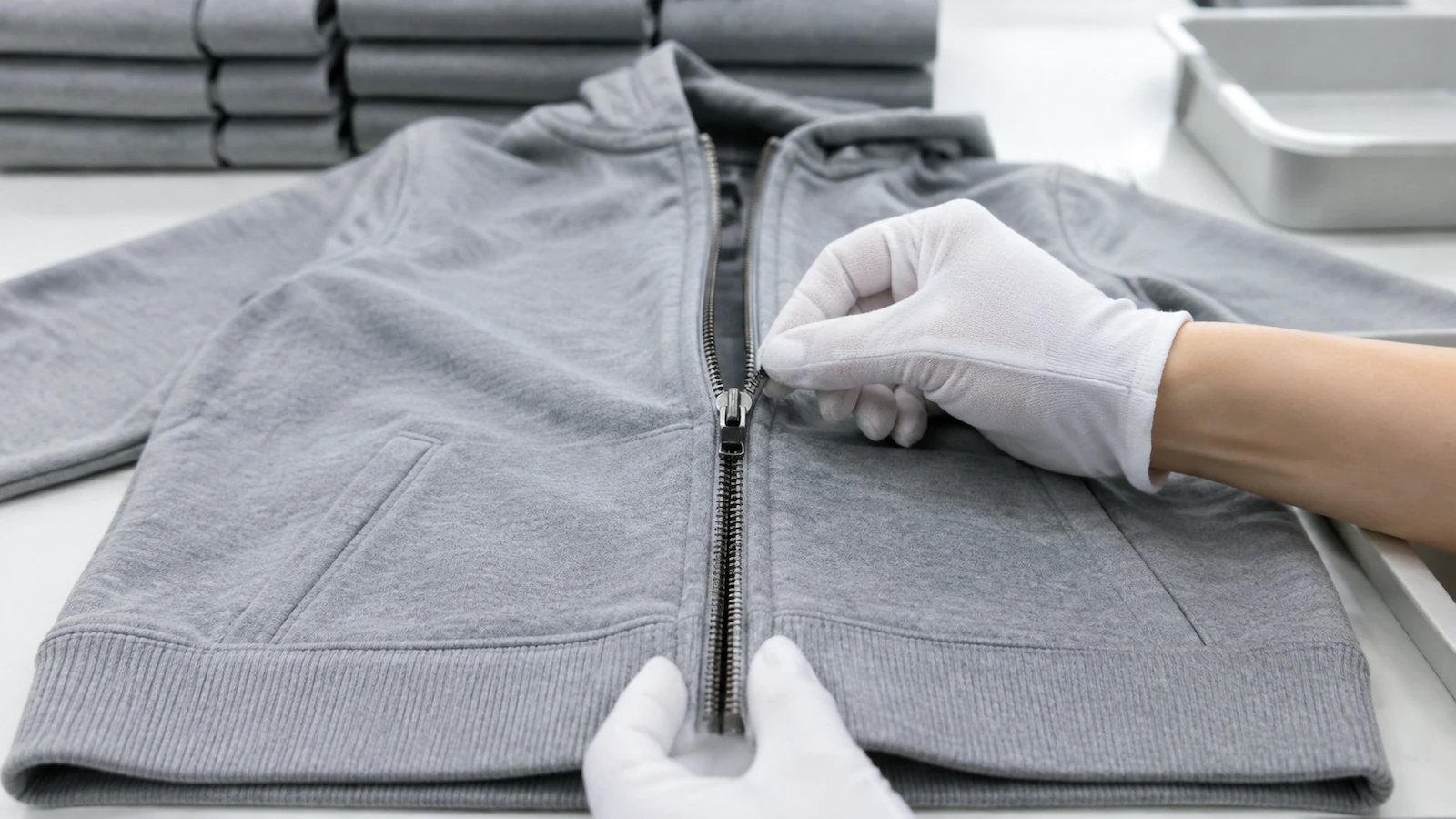 Bàn tay của nhân viên kiểm tra chất lượng kéo khóa hoodie hết hành trình trên bàn kiểm tra, xác nhận nẹp khóa phẳng và các gấu áo thẳng hàng