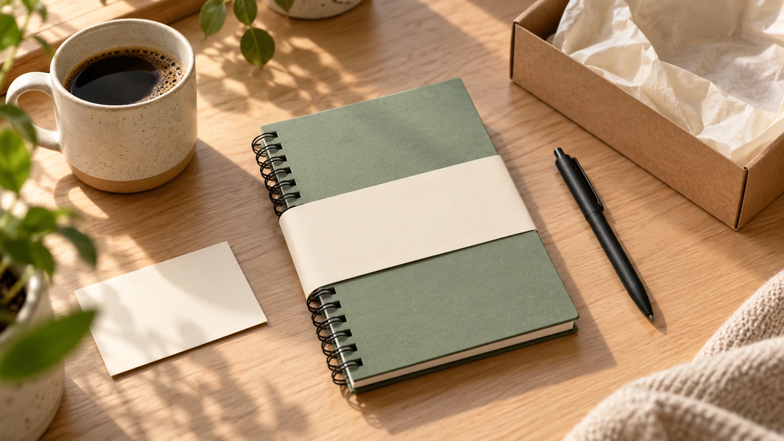 Bộ quà đón nhân viên mới trên bàn làm việc, gồm một cuốn sổ tay đóng gáy kim loại bọc trong bao ngoài màu trơn, một cây bút và một tấm thẻ trống nhỏ, dưới ánh sáng ban ngày dịu
