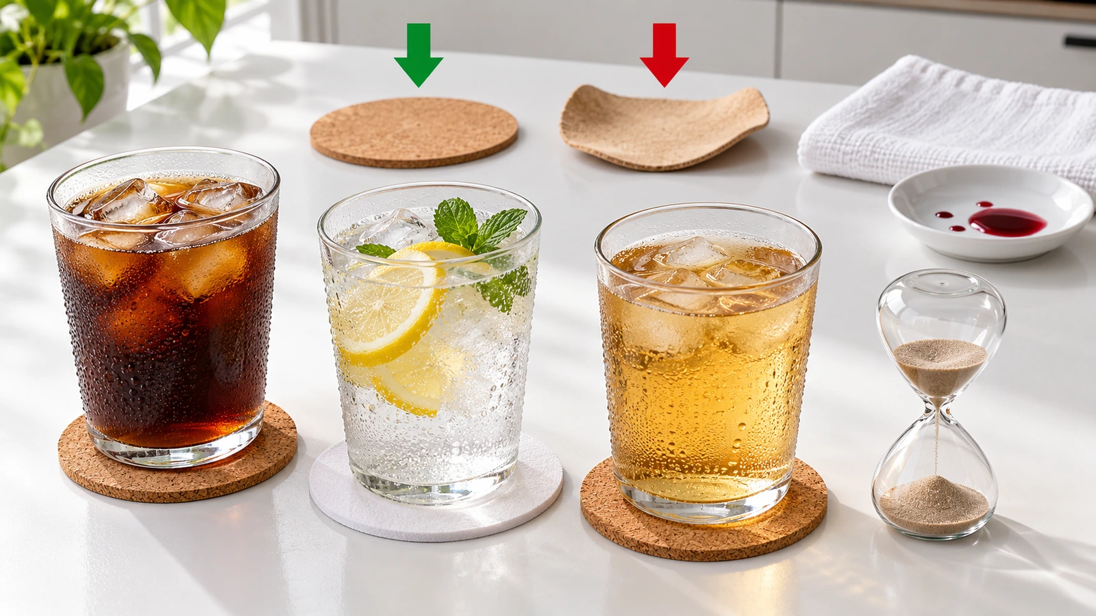 Thiết lập bài kiểm tra mẫu với ly đá đặt trên miếng lót bần và bìa bột giấy, một đồng hồ cát, và một miếng lót phẳng so với một miếng bị cong