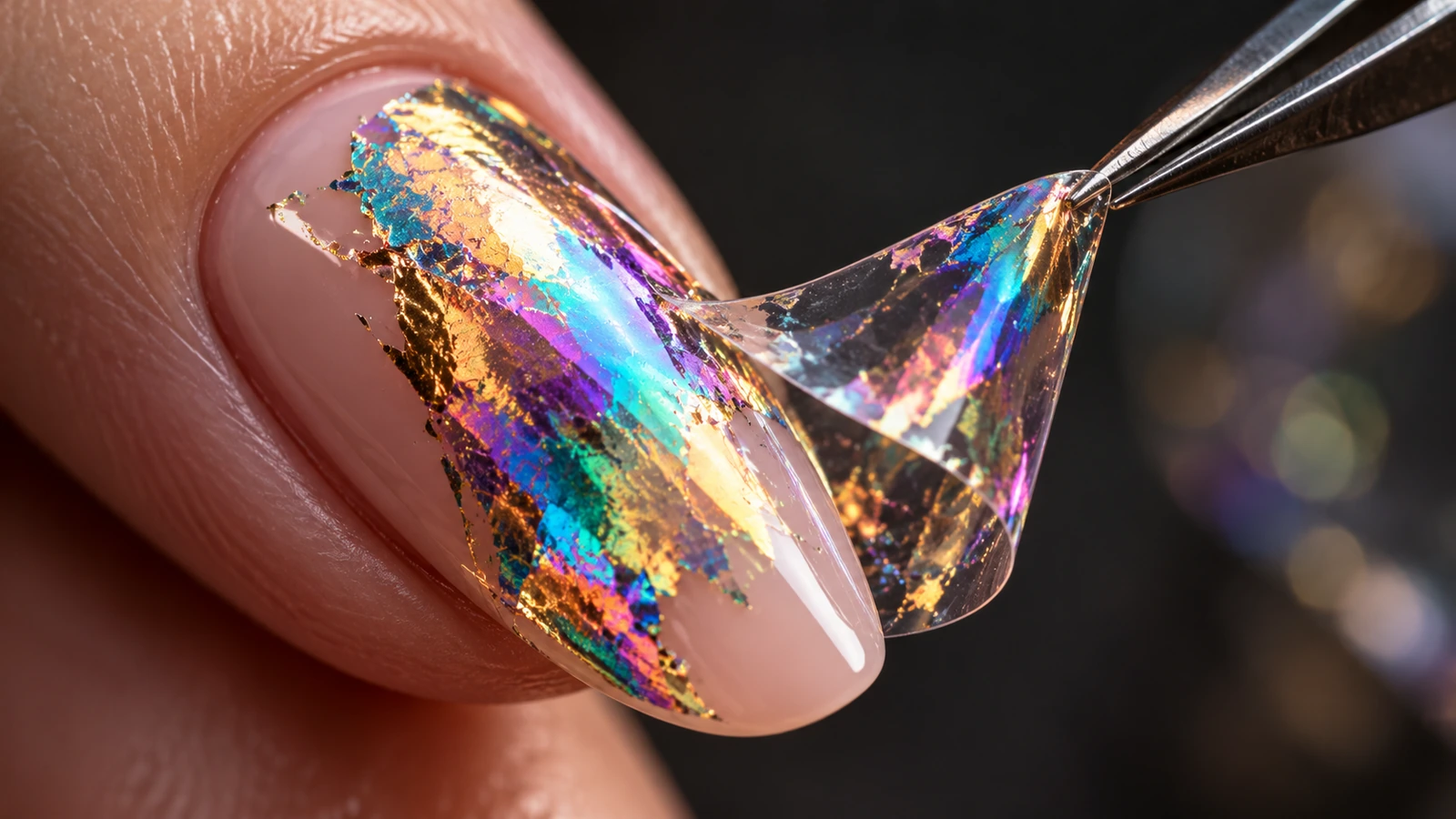 Ảnh macro lá kim loại hologram chuyển trên móng gel, cho thấy chiều sâu đổi màu trên bề mặt phẳng