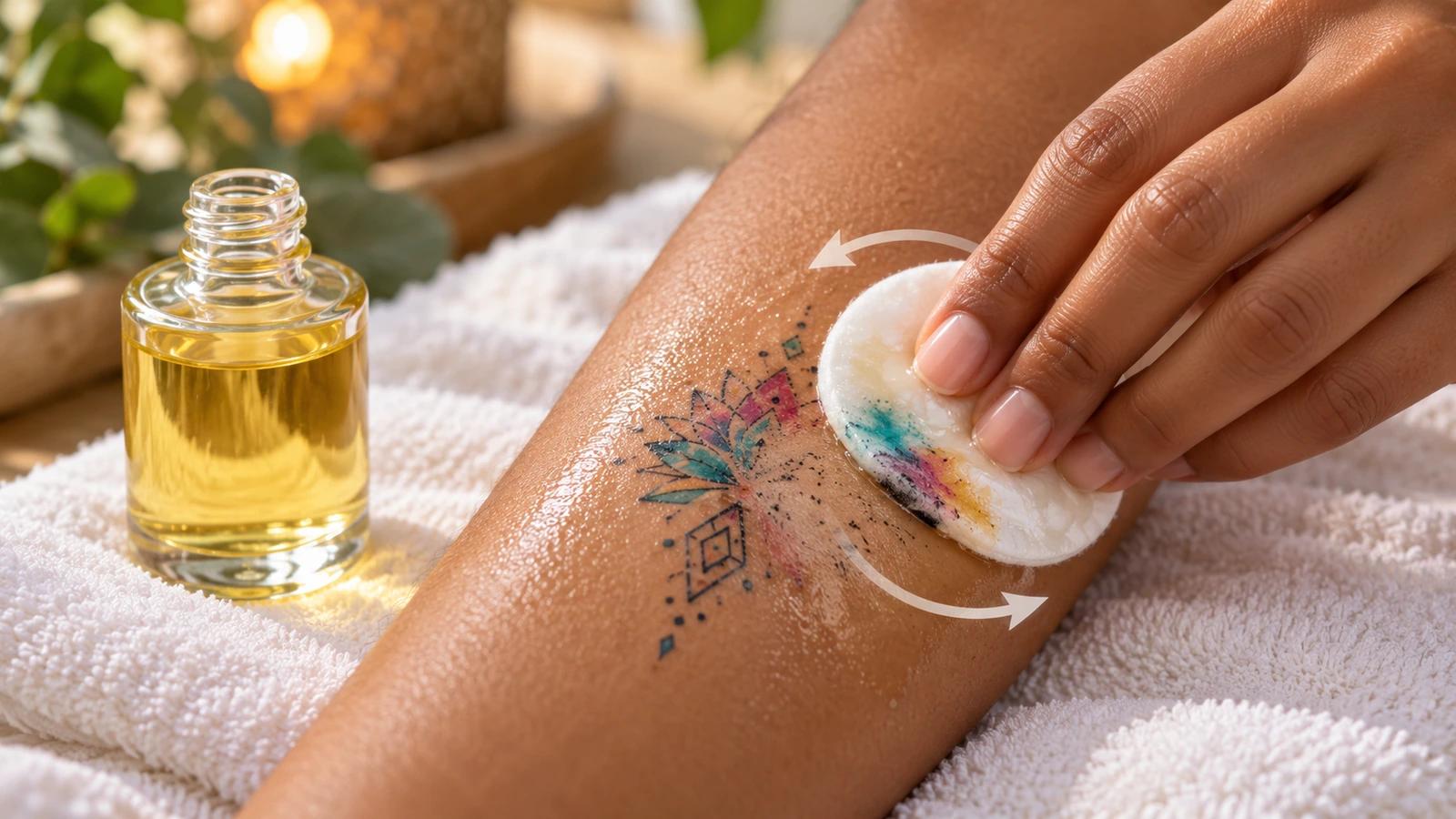 Cận cảnh một miếng bông ngâm dầu trong suốt đang nhấc hình xăm tạm thời đang phai khỏi cẳng tay, với các hình mũi tên tròn mềm thể hiện động tác lau