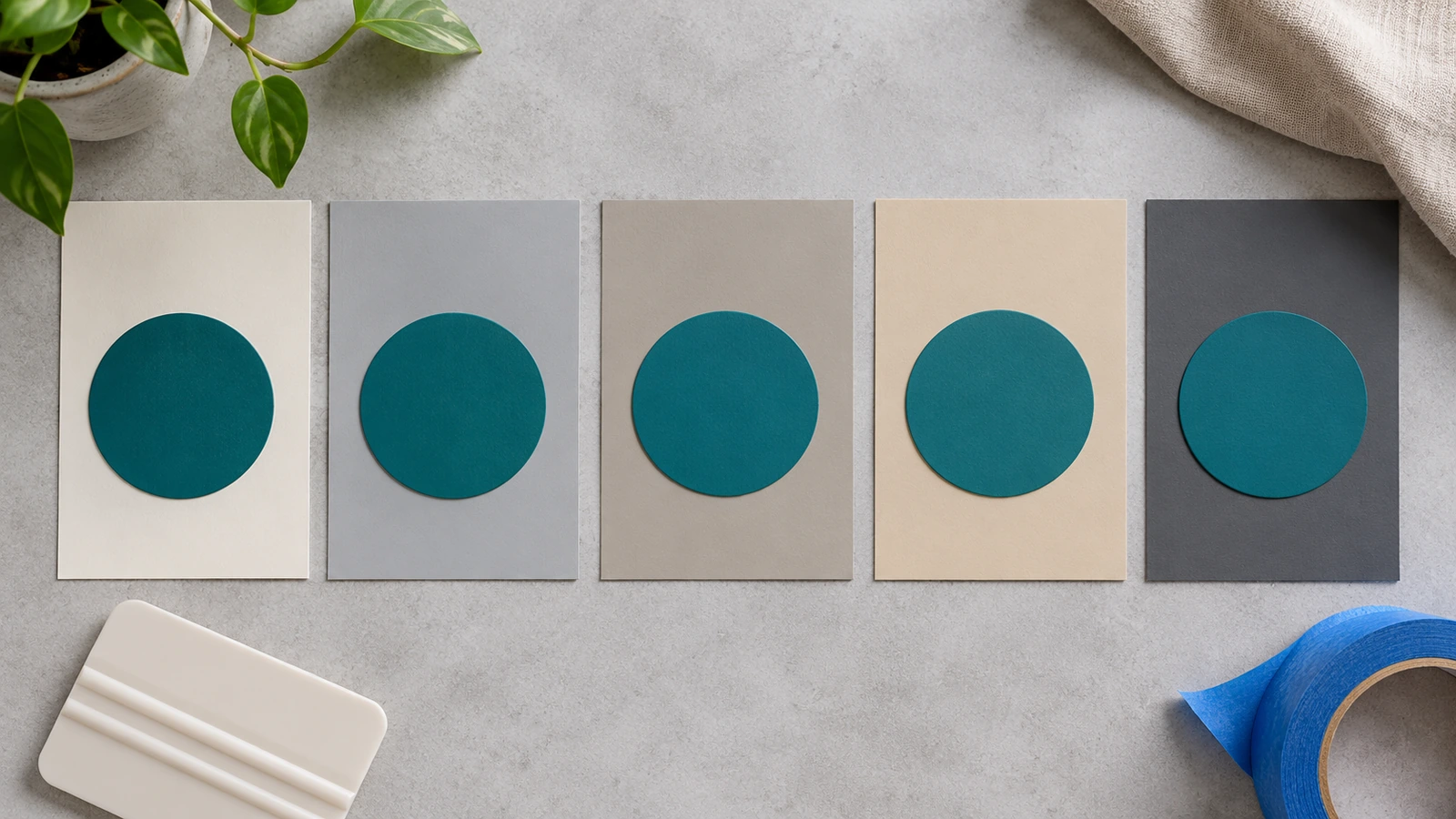 Ảnh chụp từ trên xuống các mẫu vinyl màu thương hiệu đặt trên vài mẫu sơn nội thất tông trung tính, cho thấy cùng một màu thương hiệu thay đổi thế nào trên các màu tường khác nhau