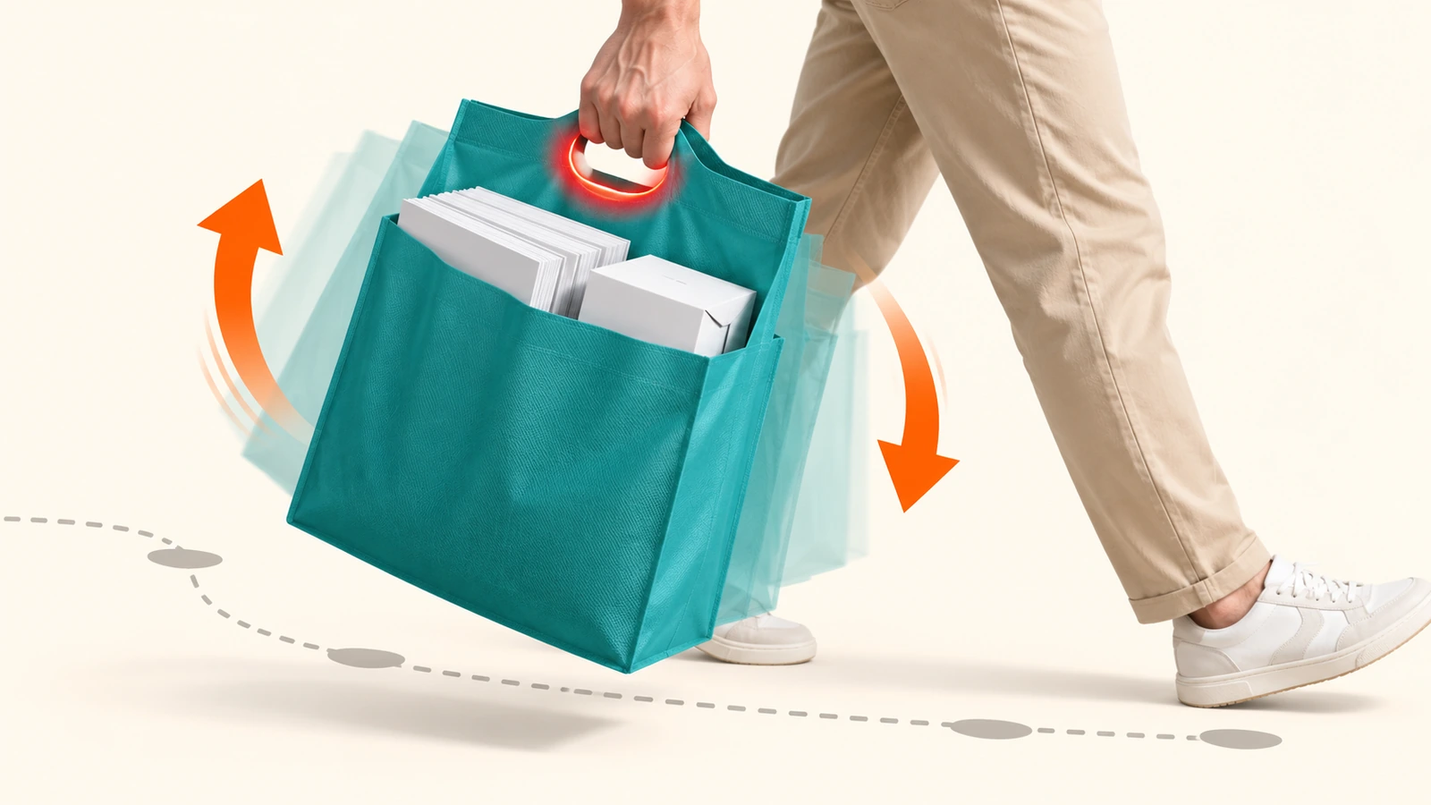 Tay nhấc một túi không dệt phẳng đã đựng hàng có quai đục lỗ, với các mũi tên cong thể hiện lực nâng và lực đung đưa hướng lên tập trung tại mép quai
