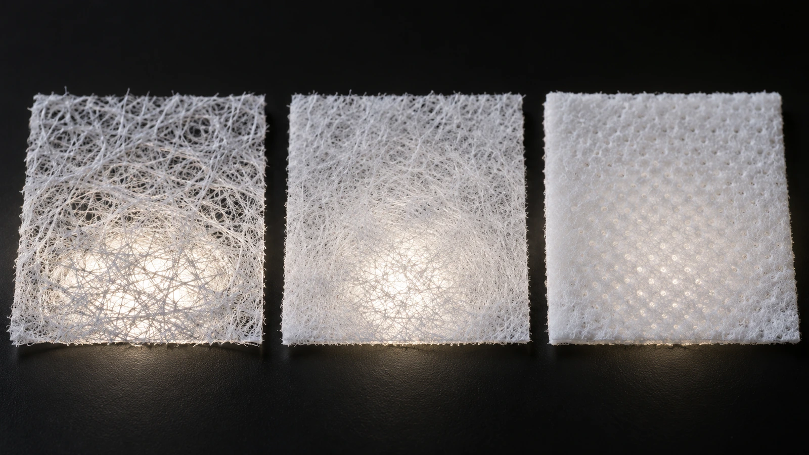 So sánh vĩ mô của ba mẫu vải không dệt polypropylene, thể hiện một mạng sợi nhẹ và thưa, một mạng trung bình và một mạng dày nặng đặt cạnh nhau