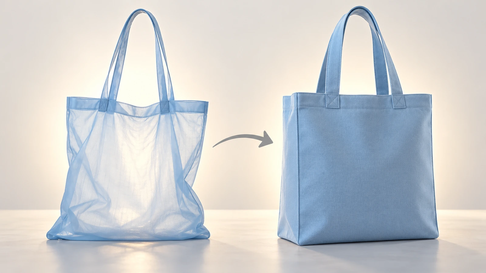 So sánh cạnh nhau giữa một túi tote polyester nhẹ, mỏng, gần như trong suốt và một túi tote dày, có form, cho thấy sự khác biệt về trọng lượng vải